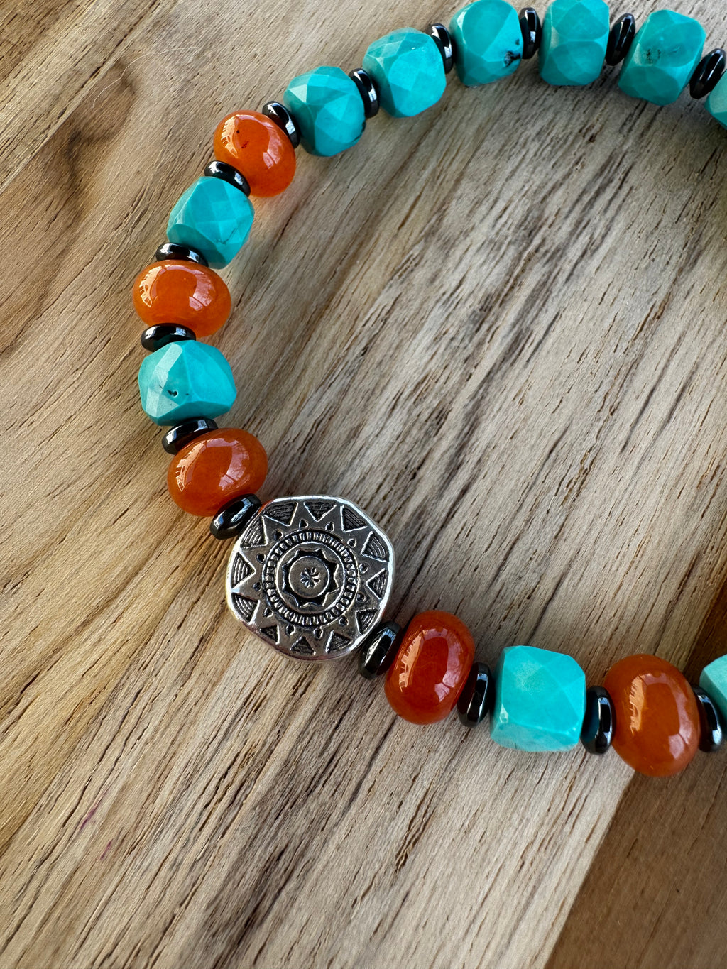 Aztec Sun Stretch Bracelet with Turquoise Jade and Hematite Beads