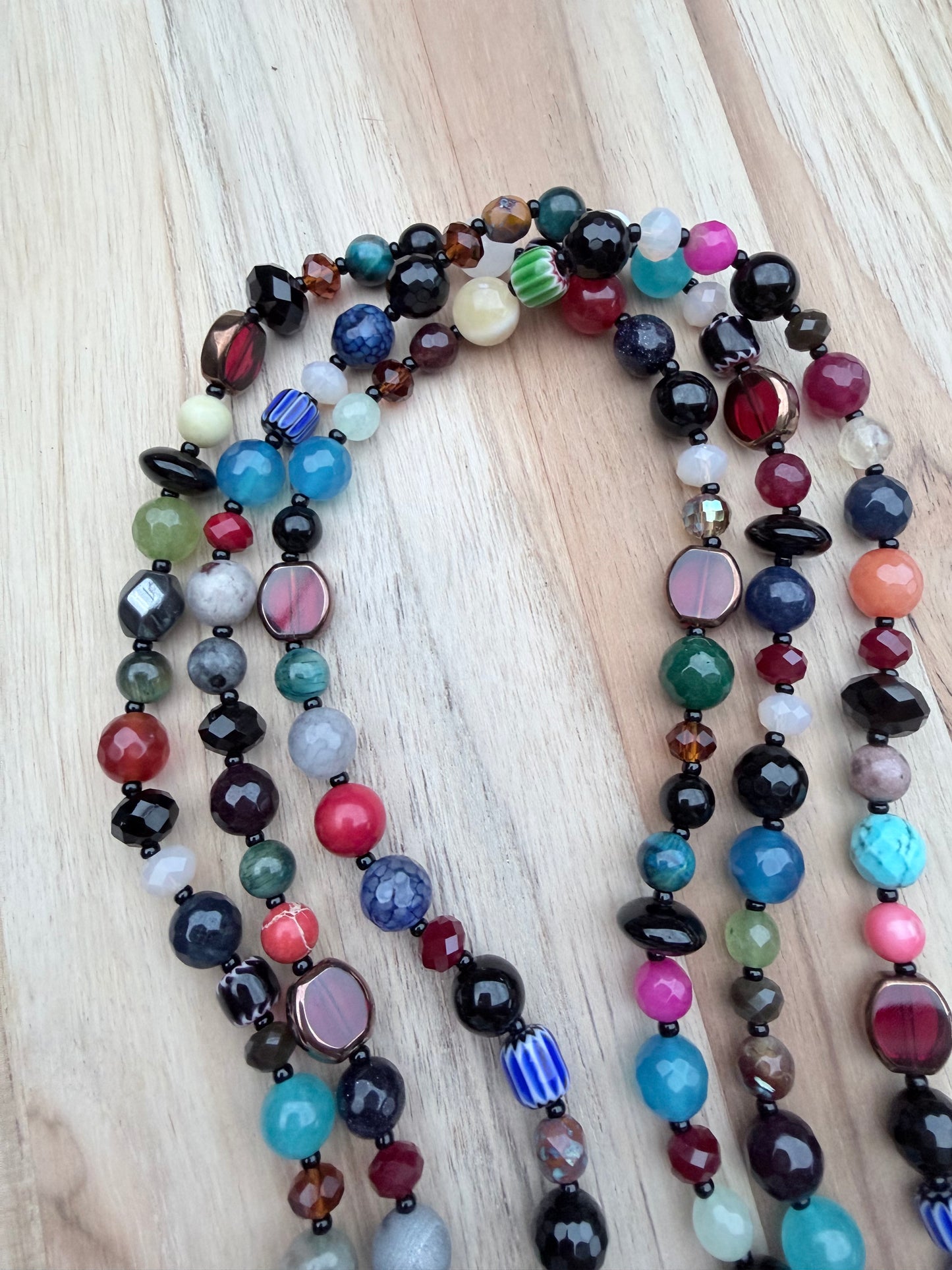 60” Extra Long Wraparound Multi Gemstone Necklace with Glass and Crystal Beads