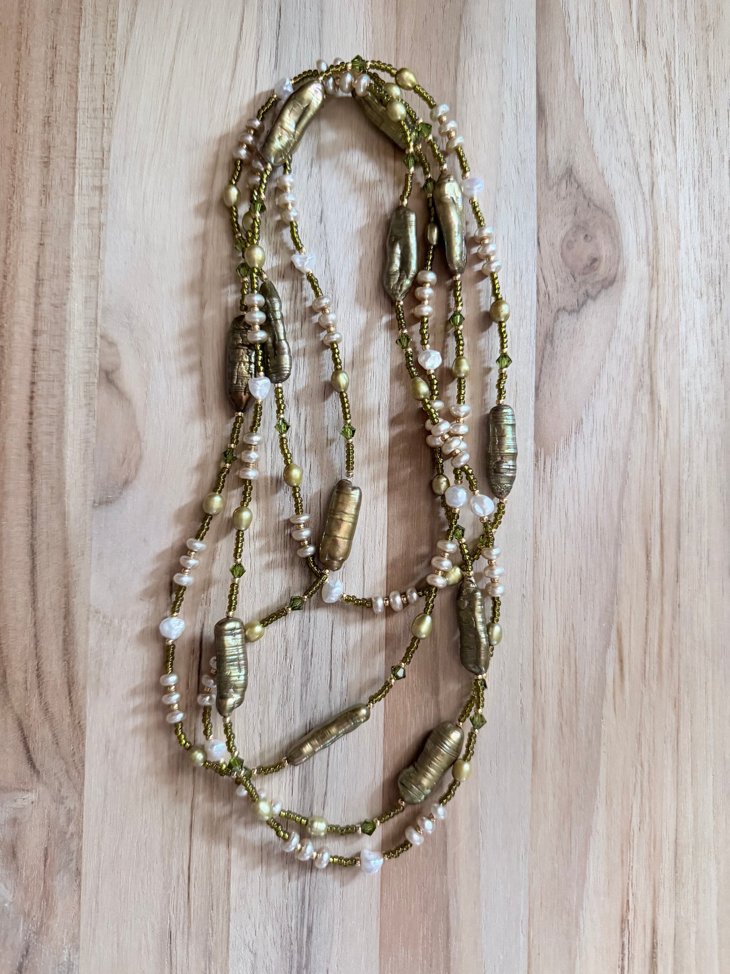 60” Extra Long Wraparound Style Olive Green Biwa Pearl Necklace with Freshwater Pearl Mix