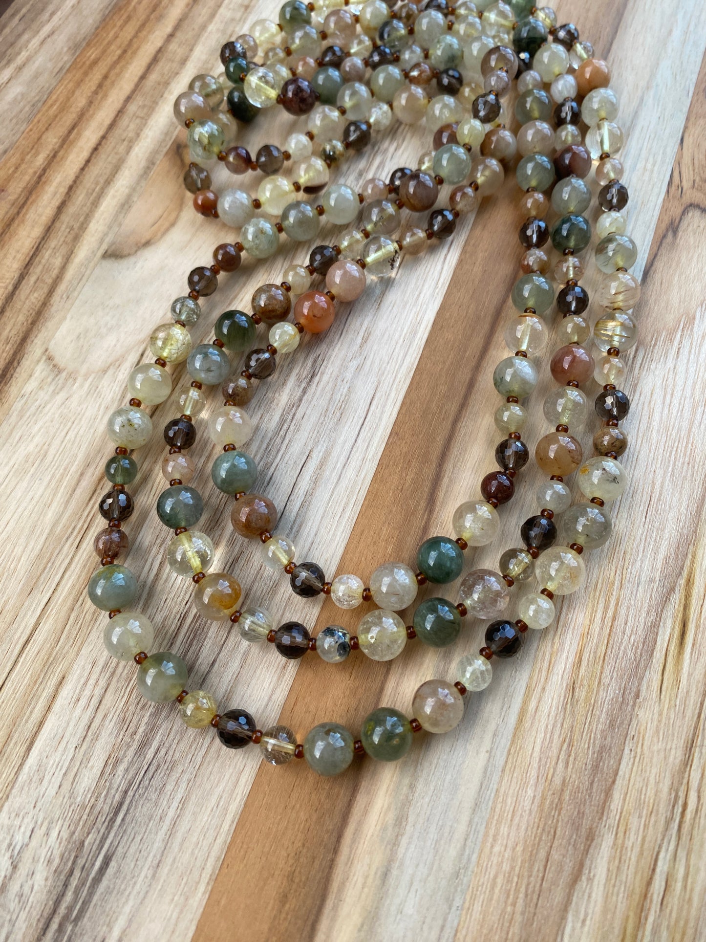 60" Extra Long Wraparound Style Mixed Rutilated Quartz Beaded Necklace with Smokey Quartz Beads - My Urban Gems