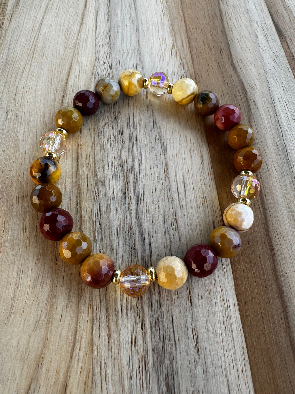 Faceted Mookaite Stretch Bracelet with Mustard Yellow Crystal Beads ~ 7”