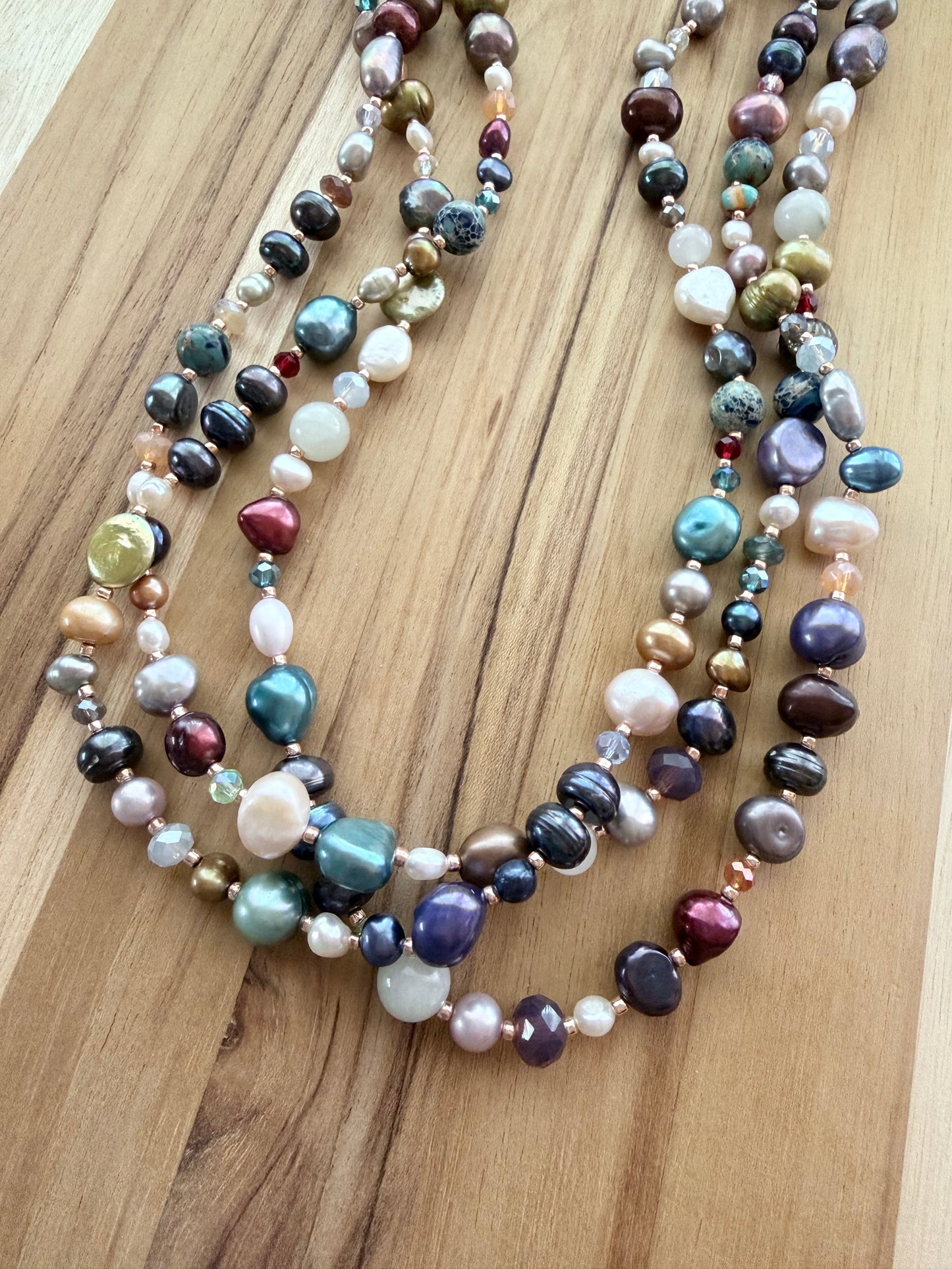 60” Extra Long Wraparound Freshwater Pearl Mix with Gemstone and Crystal Beads