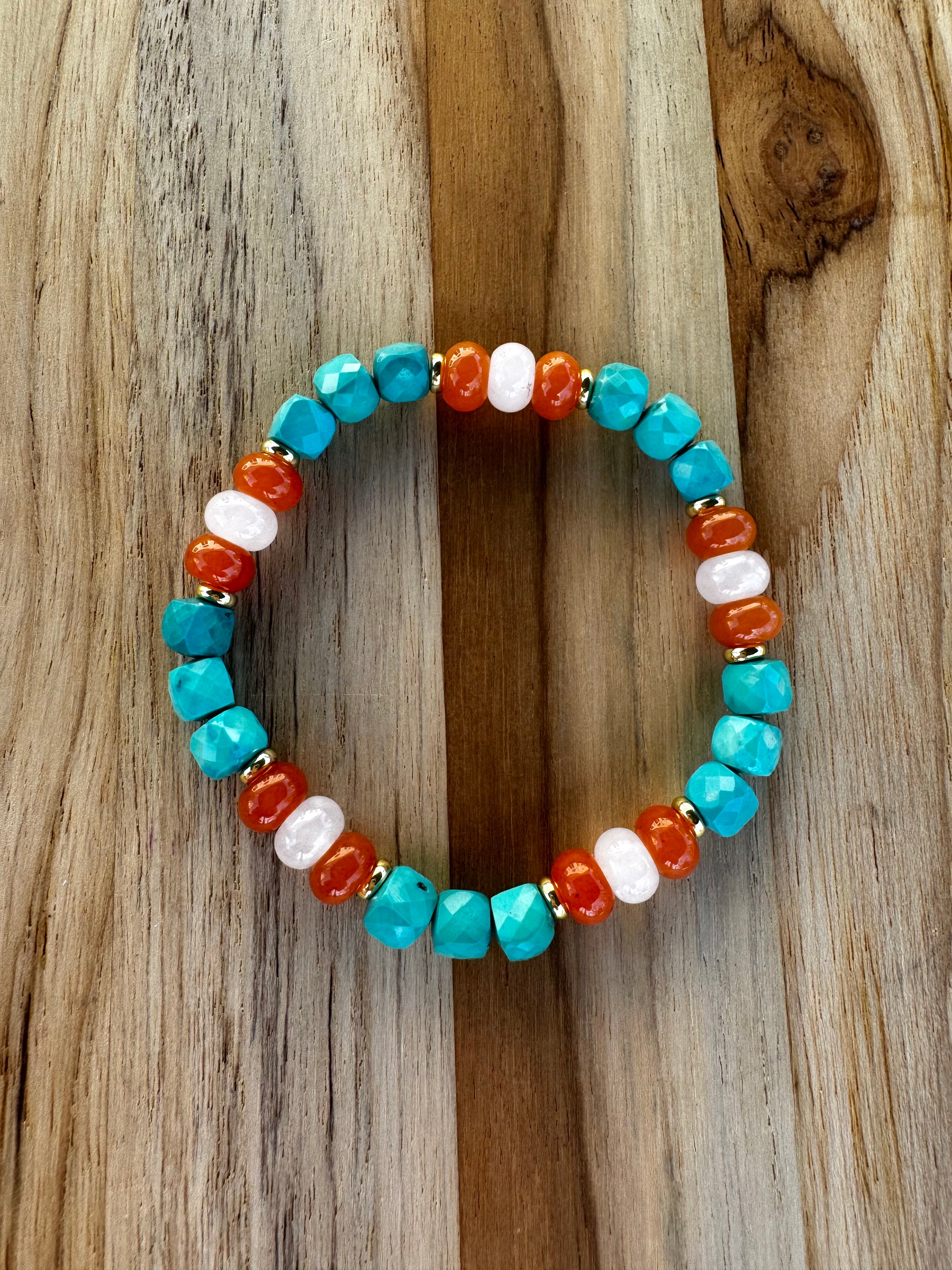 Turquoise Faceted Cube Stretch Bracelet with Orange & White Jade Beads