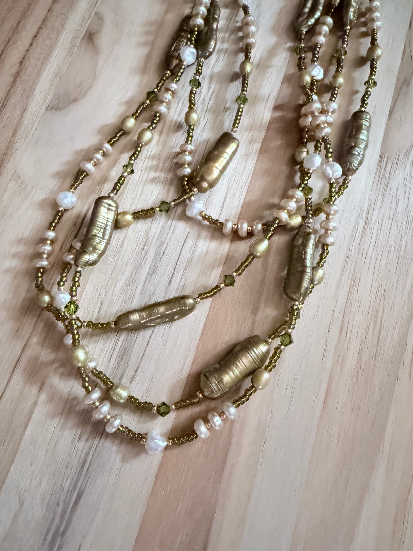 60” Extra Long Wraparound Style Olive Green Biwa Pearl Necklace with Freshwater Pearl Mix
