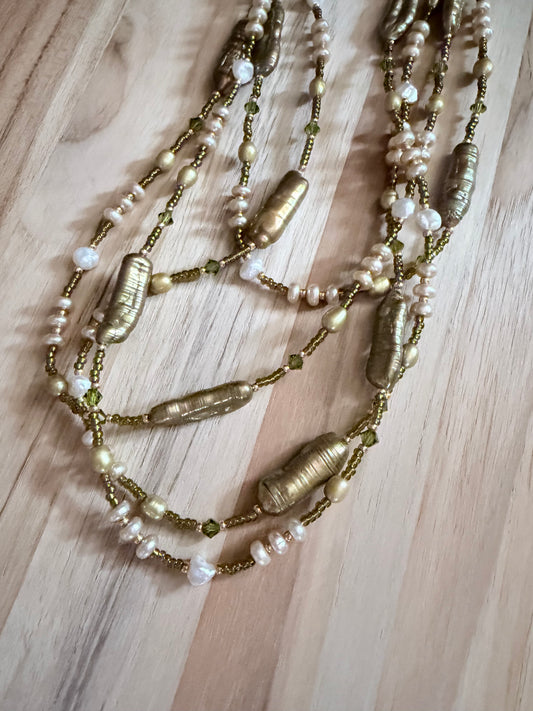 60” Extra Long Wraparound Style Olive Green Biwa Pearl Necklace with Freshwater Pearl Mix