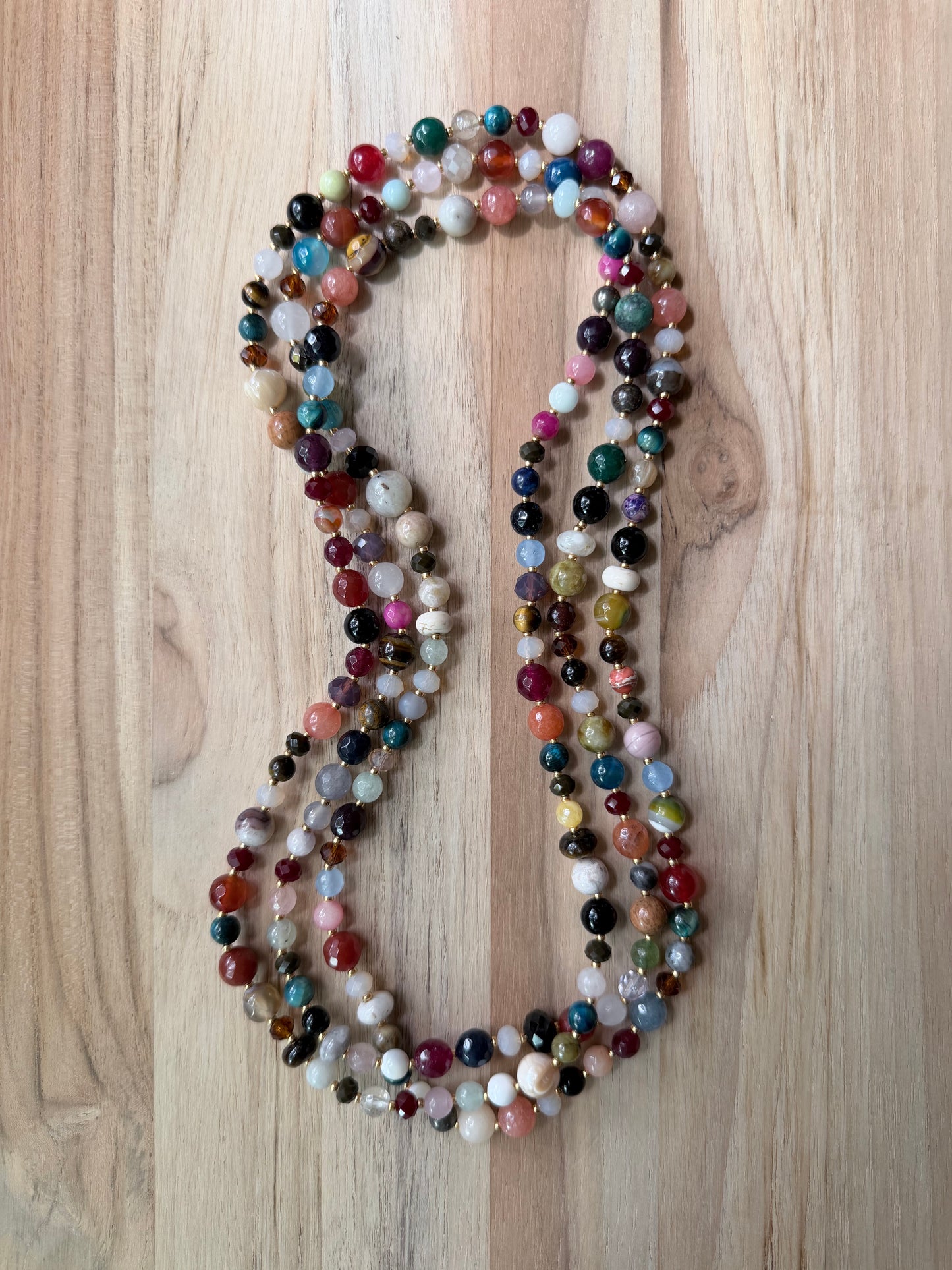 60” Extra Long Wraparound Mixed Gemstone and Crystal Beaded Necklace