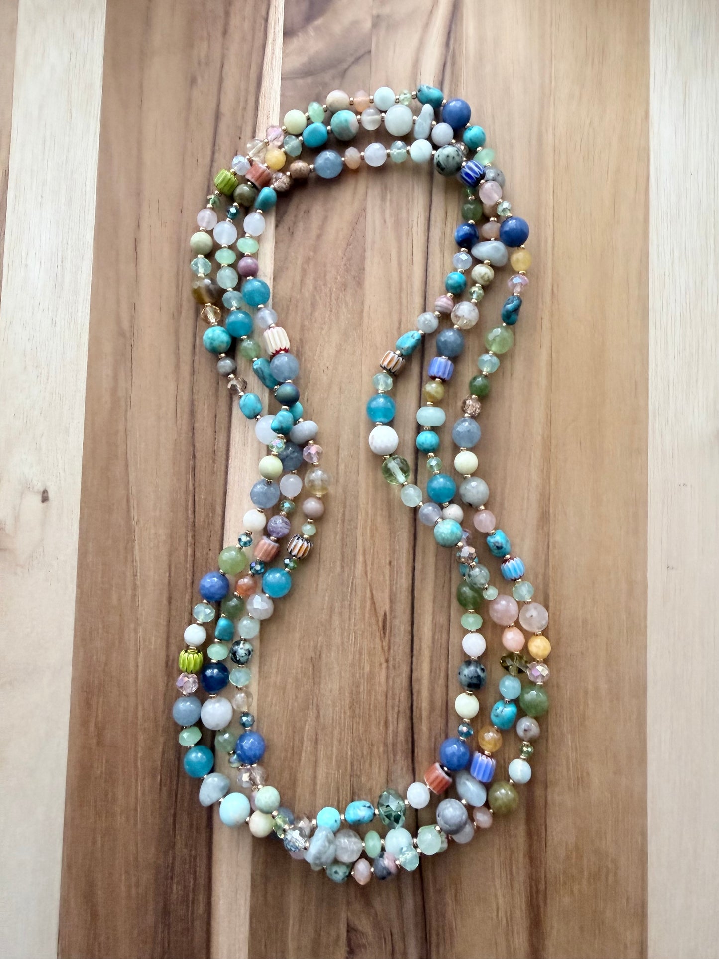 60” Extra Long Wraparound Boho Style Mixed Gemstone Glass and Crystal Beaded Necklace