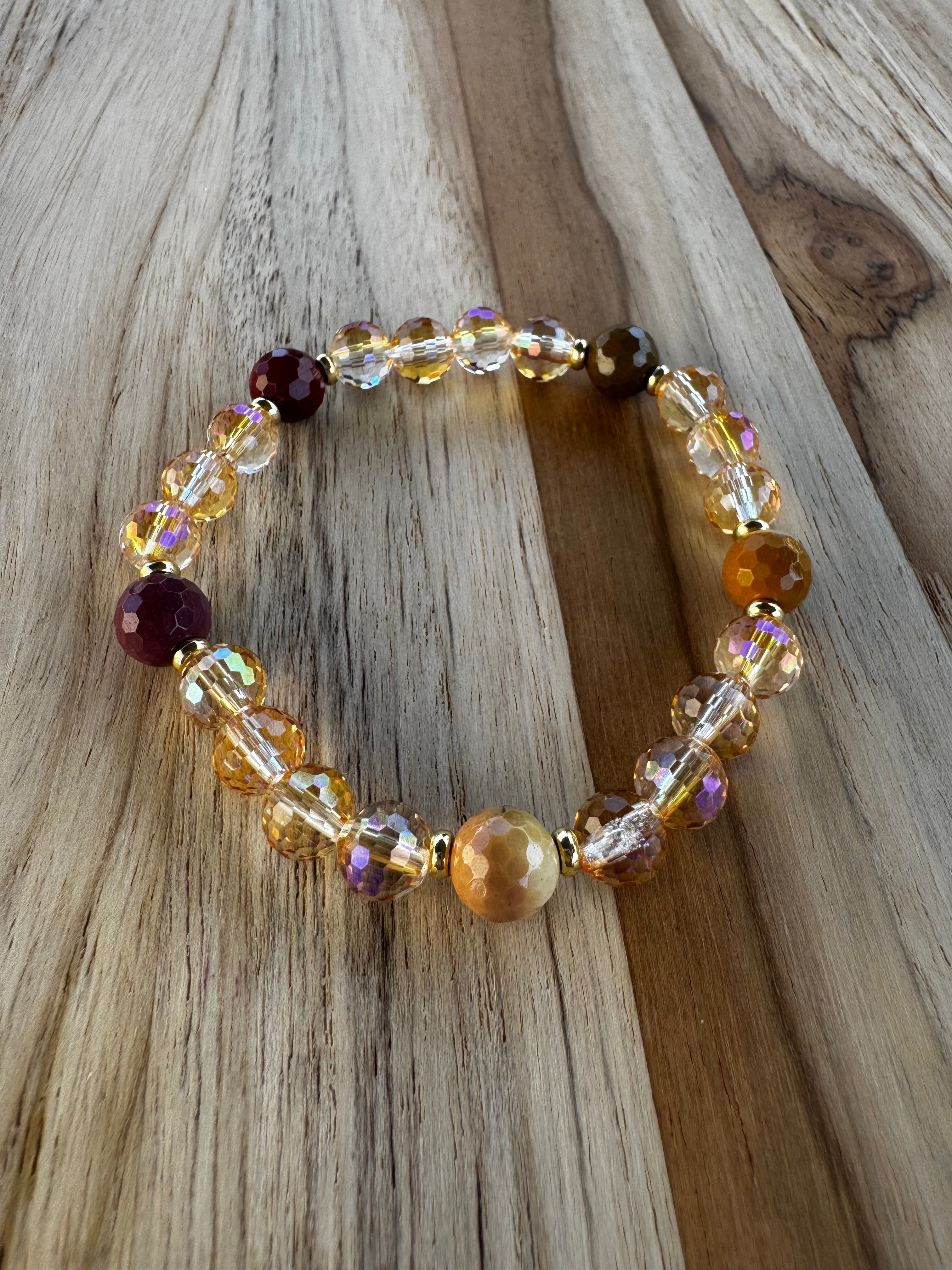 Multi-Faceted Yellow Crystal Stretch Bracelet with Faceted Mustard Yellow Mookaite Beads