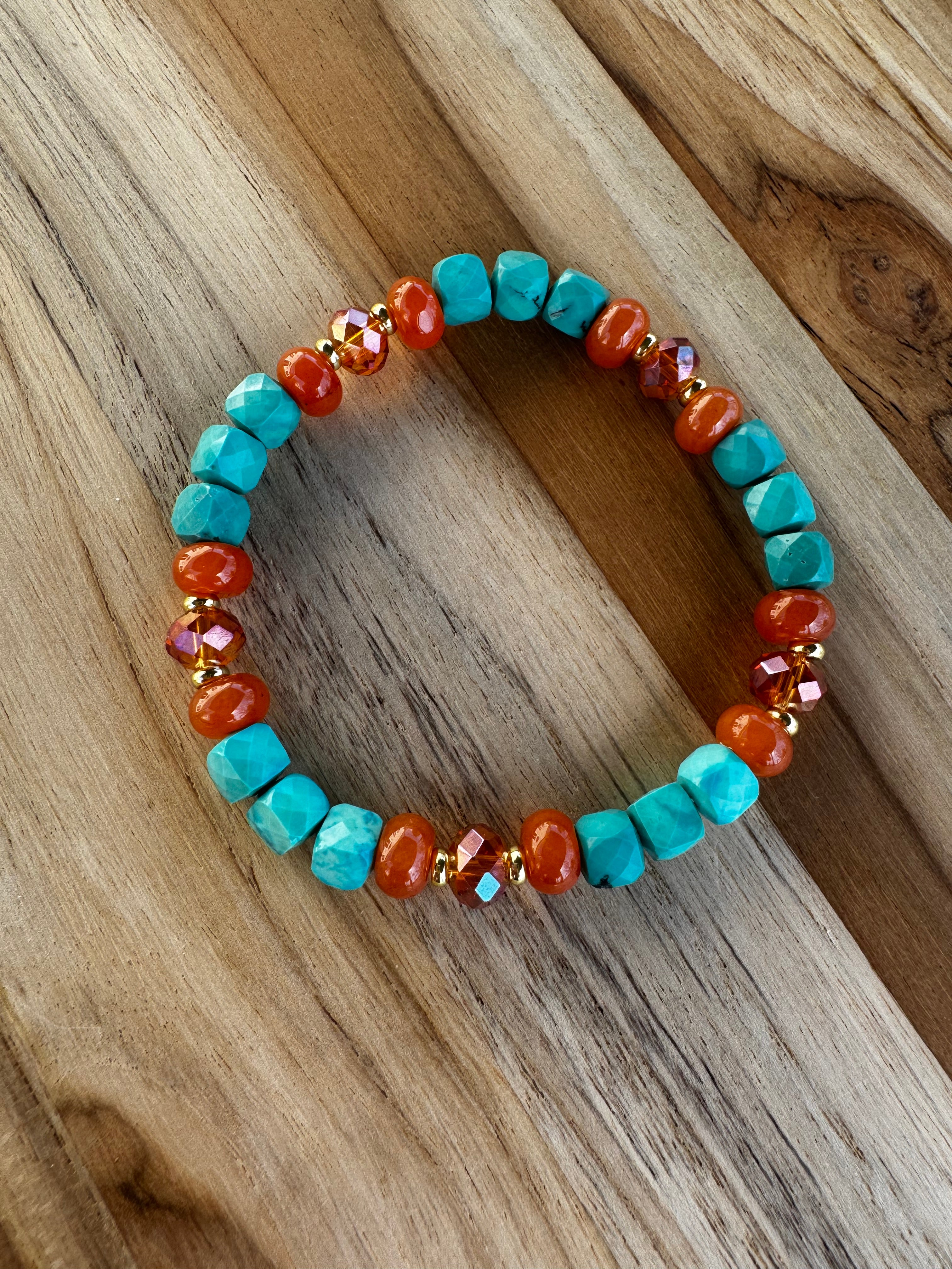 Turquoise Faceted Cube Stretch Bracelet with Orange Jade and Crystal Beads