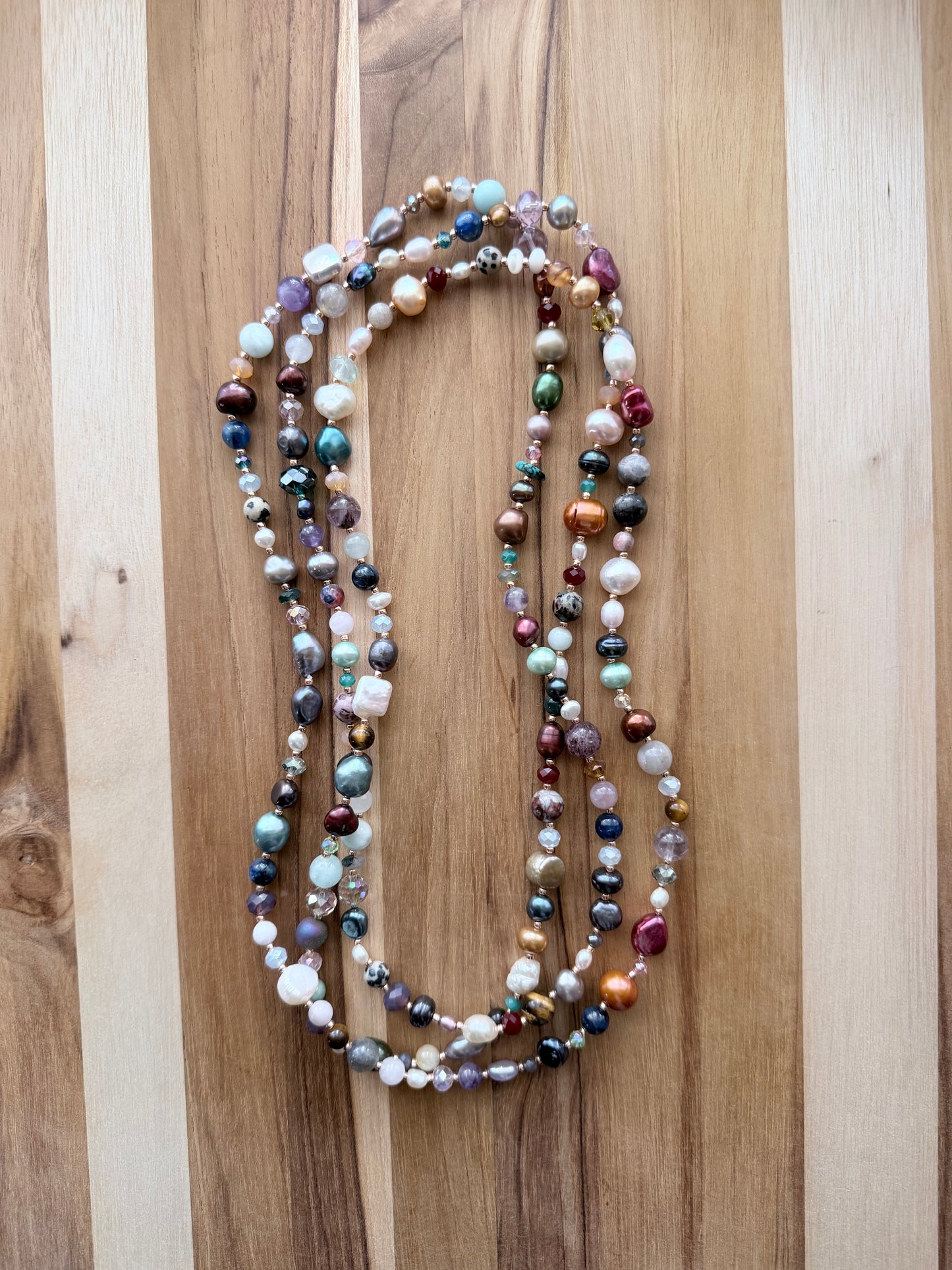 60” Extra Long Wraparound Freshwater Pearl Necklace with Gemstones and Crystal Beads