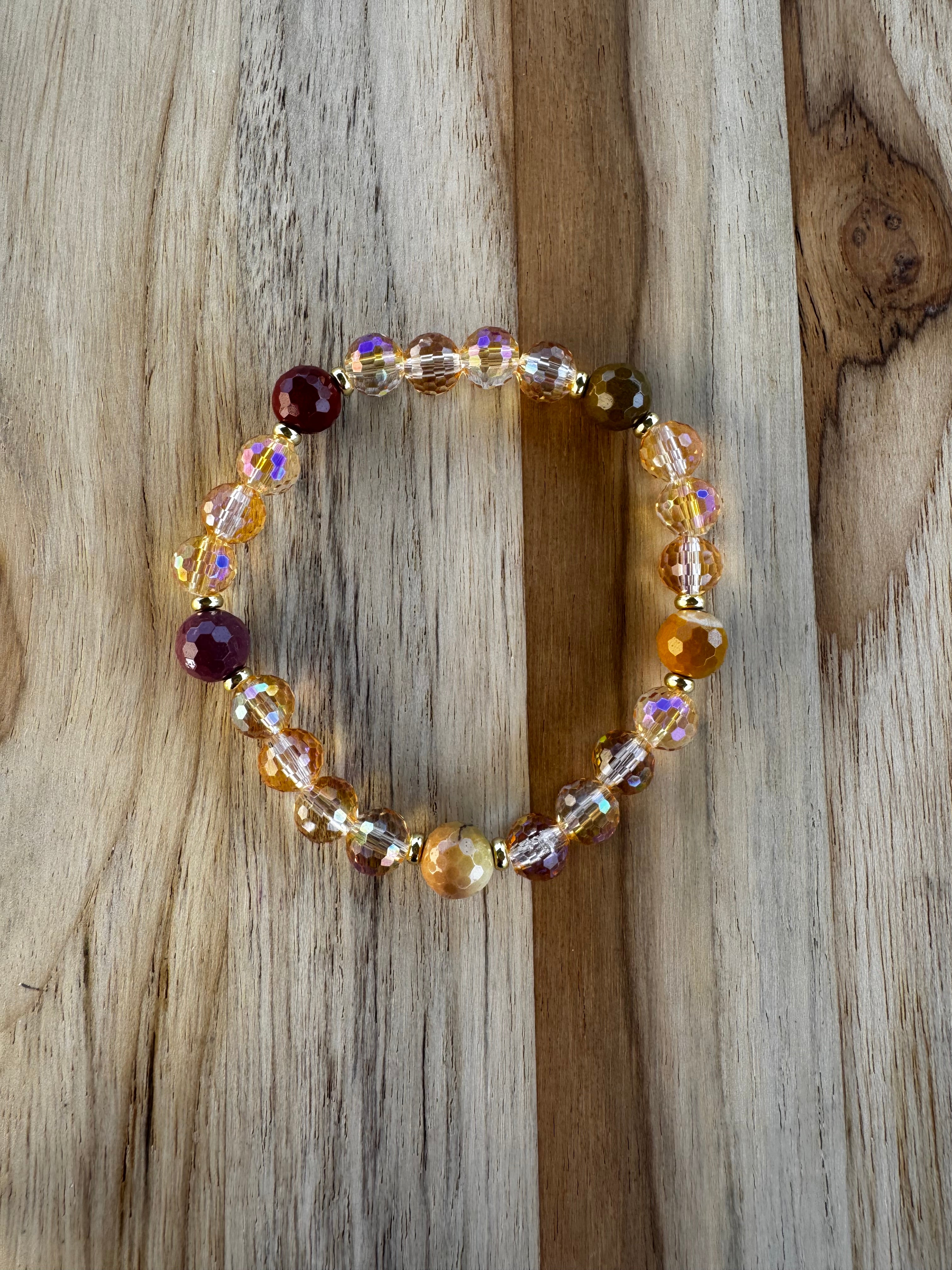 Multi-Faceted Yellow Crystal Stretch Bracelet with Faceted Mustard Yellow Mookaite Beads