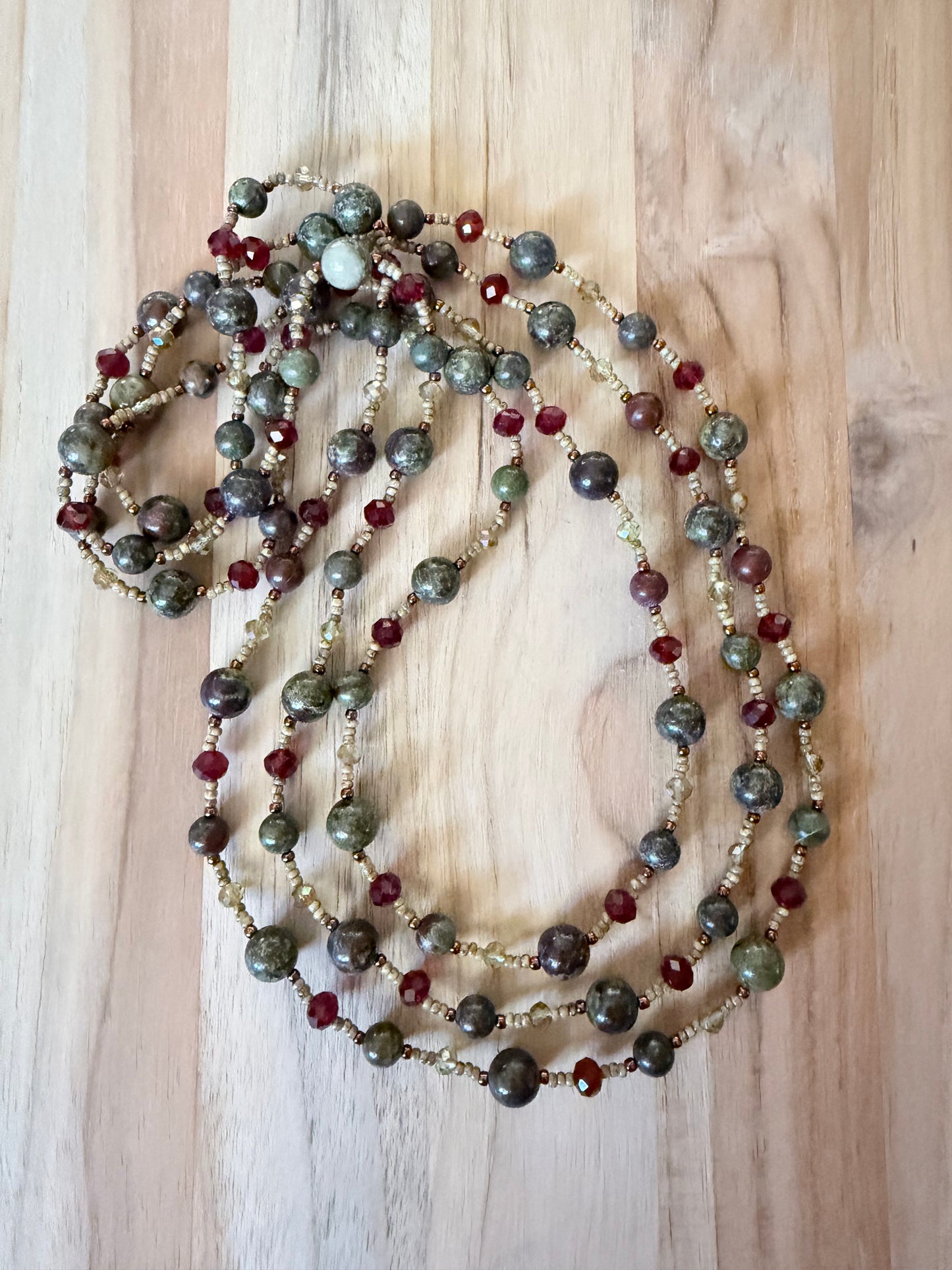 60” Extra Long Wraparound Style Necklace with Dragon Blood Stone and Crystal Beads