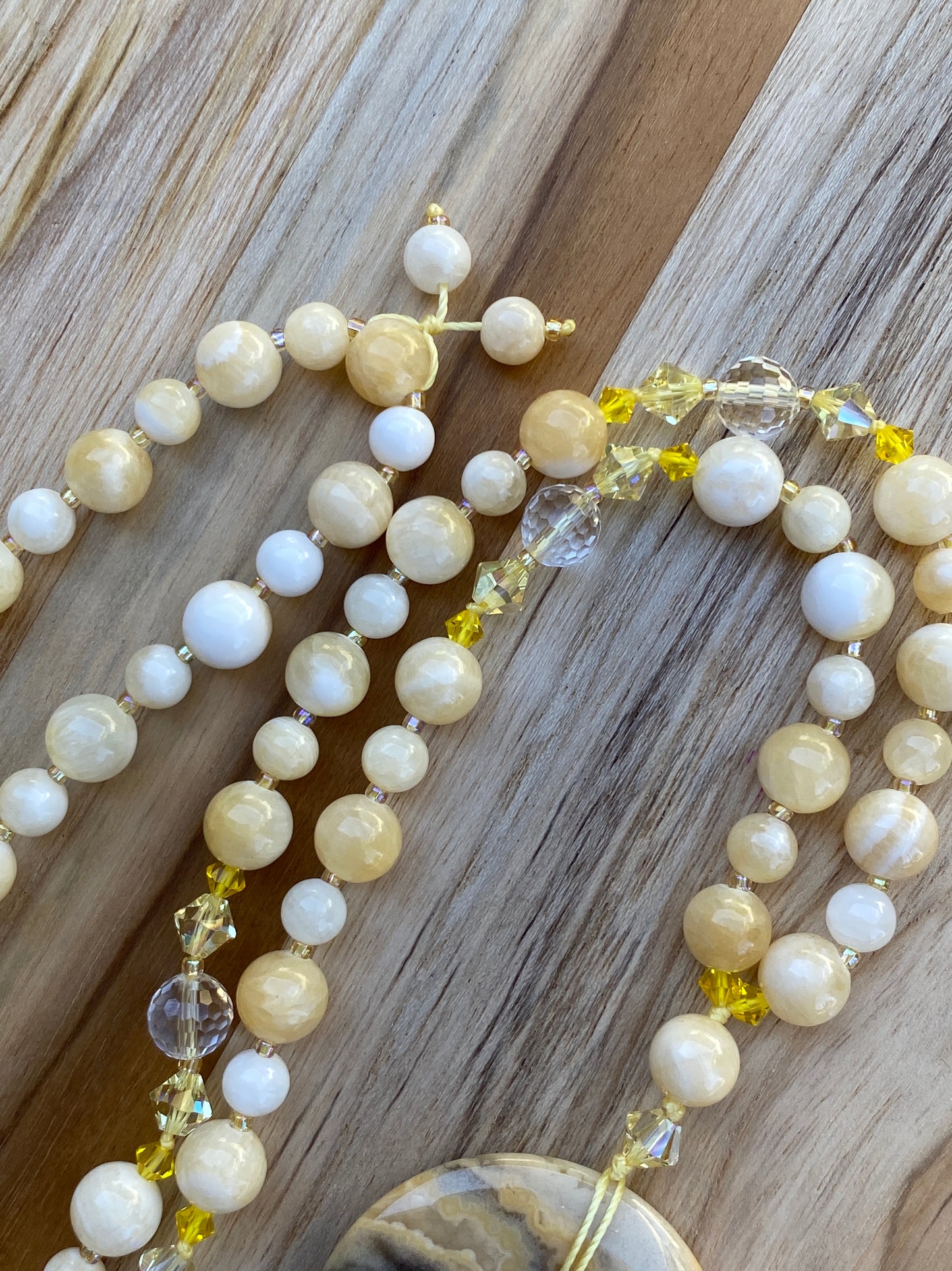 Crazy Lace Agate Donut Necklace with Yellow/White Jade and Crystal Beads