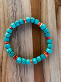 Turquoise Faceted Cube Stretch Bracelet with Orange Spiny Oyster Beads