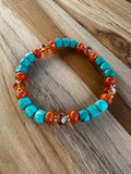 Turquoise Faceted Cube Stretch Bracelet with Orange Jade and Crystal Beads