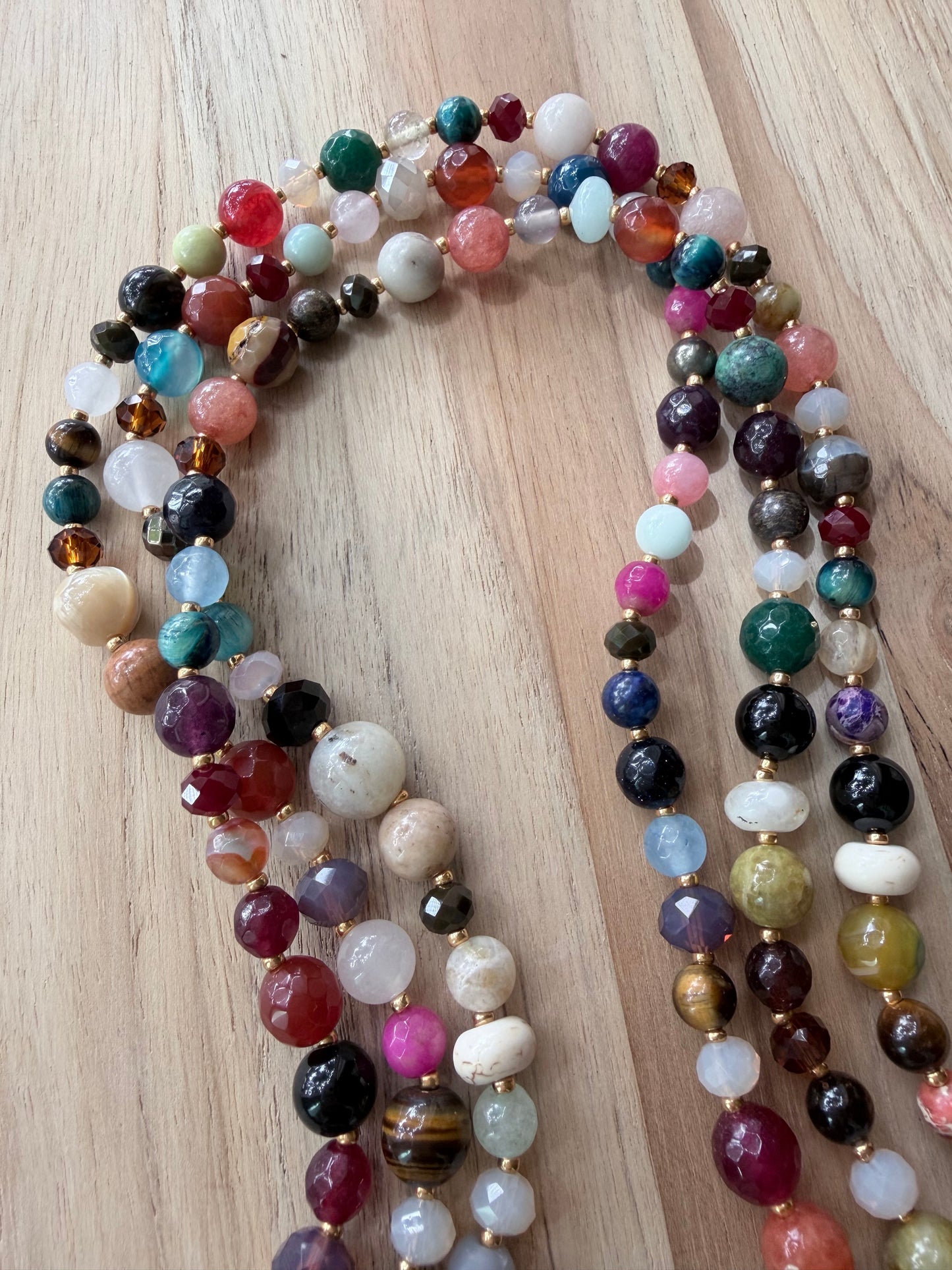 60” Extra Long Wraparound Mixed Gemstone and Crystal Beaded Necklace