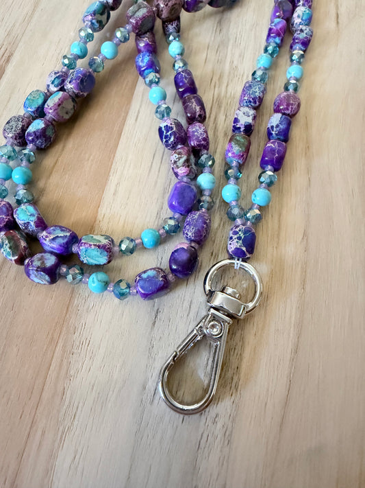 Lanyard ~ 34” Purple Sea Sediment Jasper with Turquoise and Crystal beads