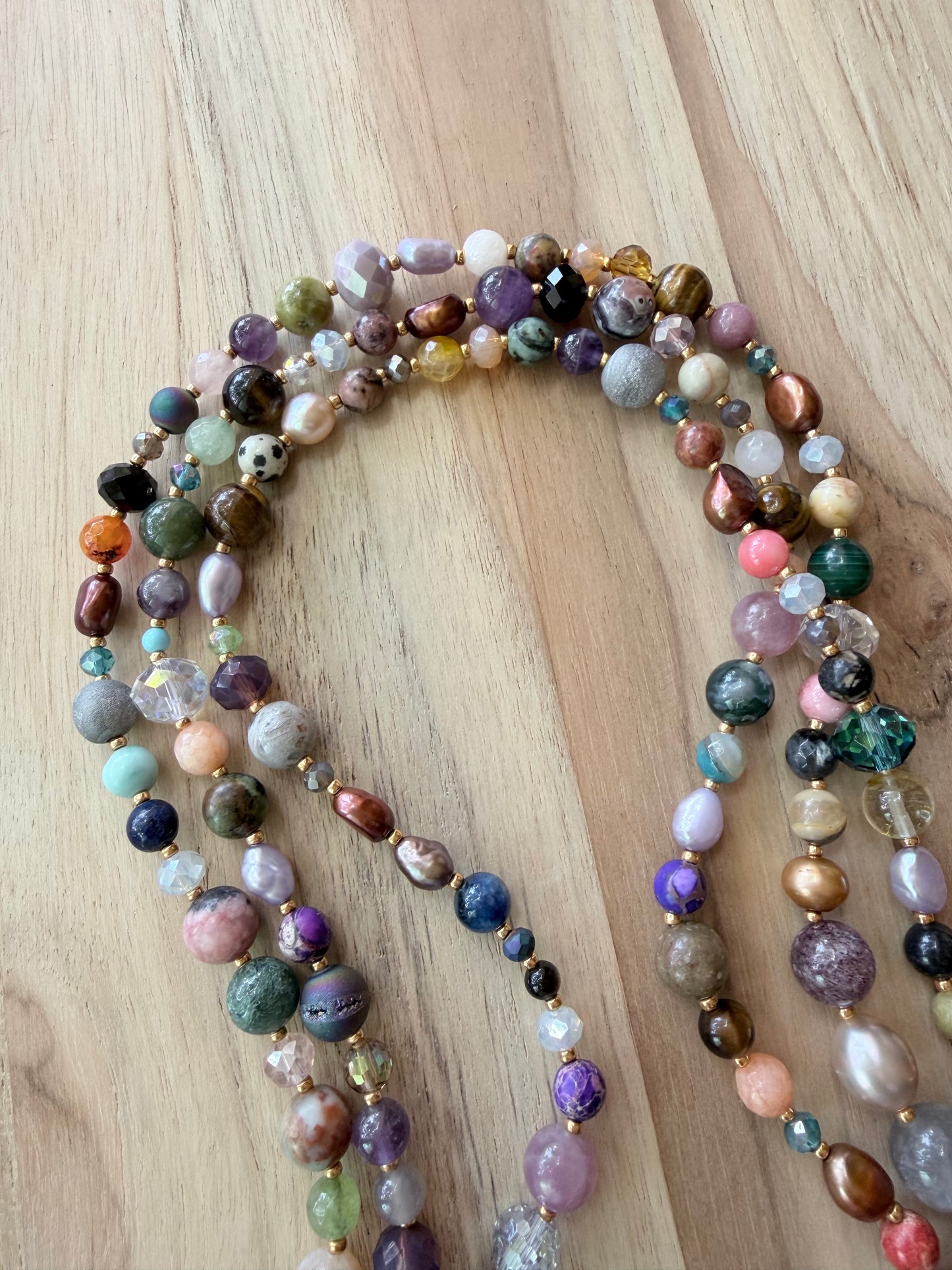 60” Extra Long Wraparound Necklace with Multi-colored gemstones Pearls and Crystal beads