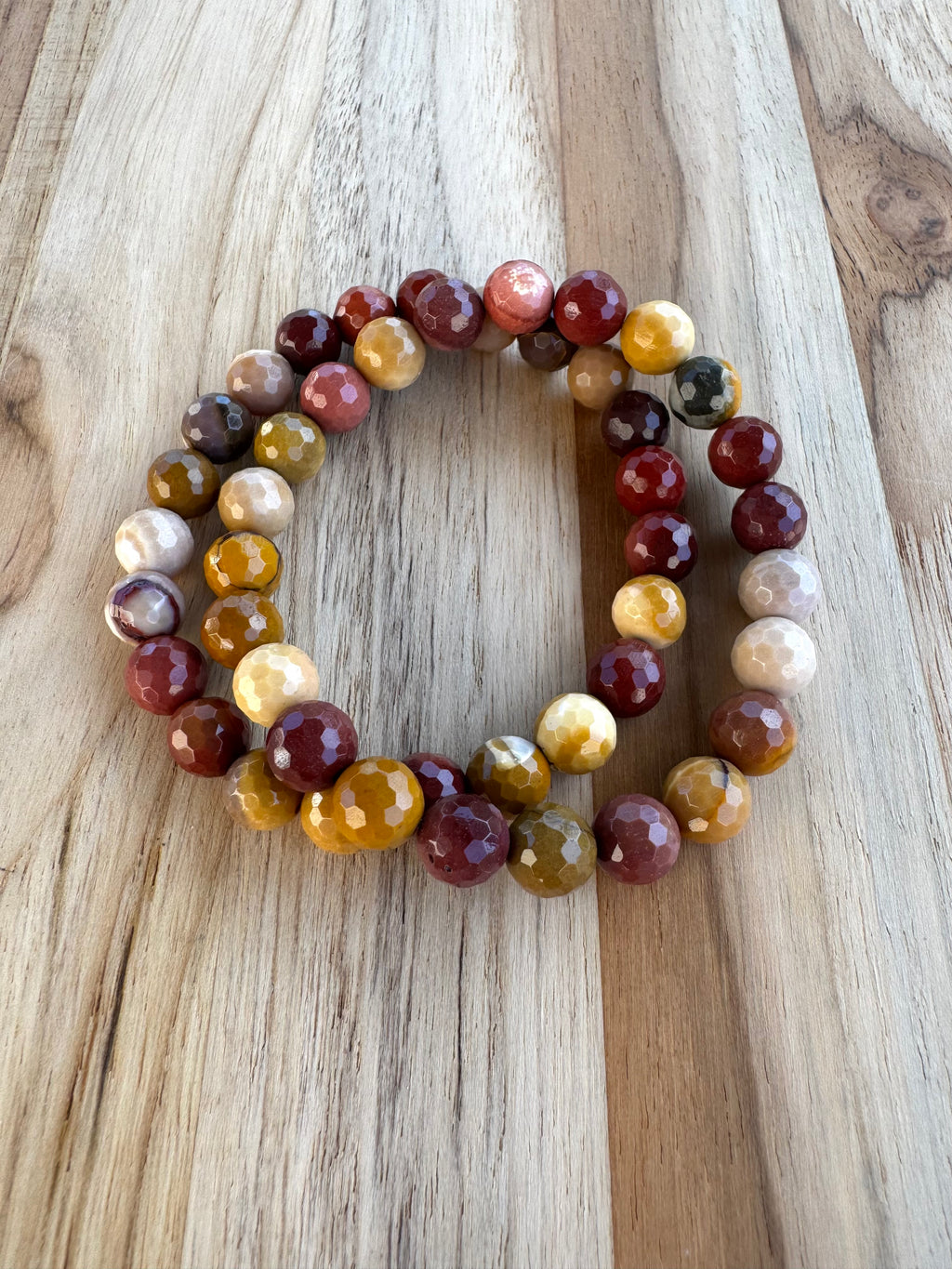 Faceted Mookaite Stretch Bracelet in shades of Mustard Yellow and Red ~ 7”