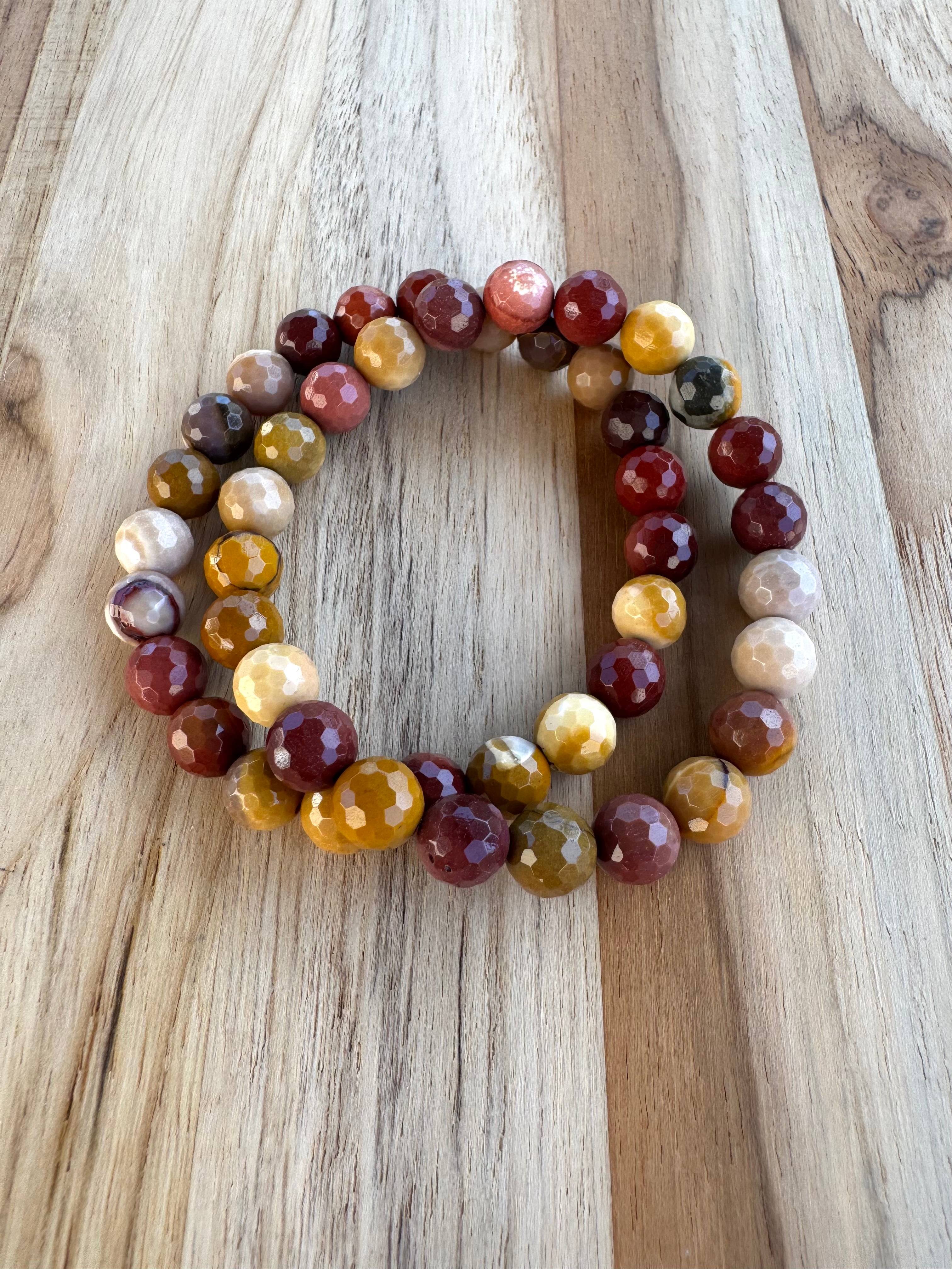 Faceted Mookaite Stretch Bracelet in shades of Mustard Yellow and Red ~ 7”