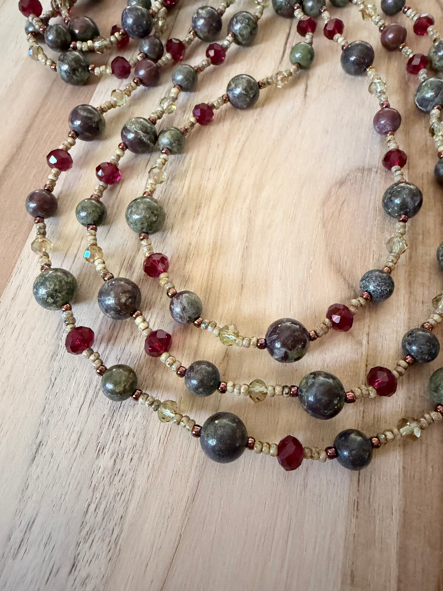 60” Extra Long Wraparound Style Necklace with Dragon Blood Stone and Crystal Beads