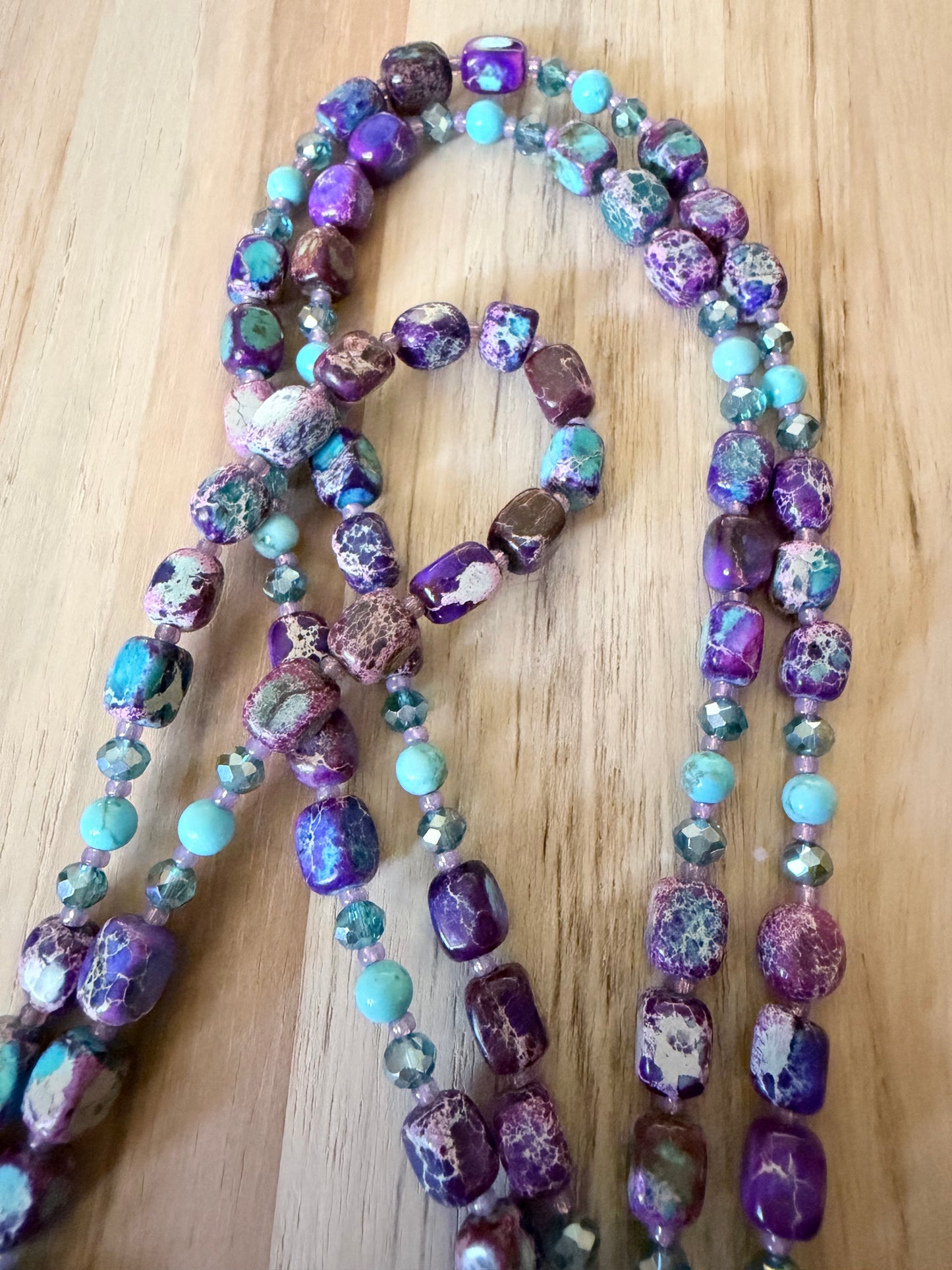 Lanyard ~ 34” Purple Sea Sediment Jasper with Turquoise and Crystal beads
