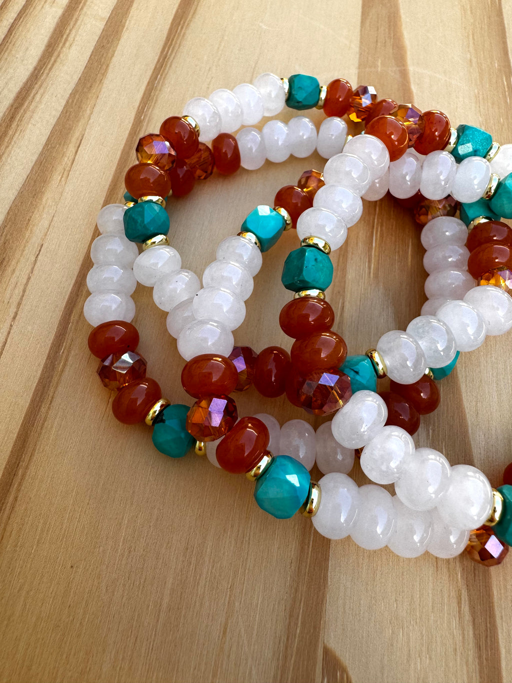 Surfer Style Beach Vibe Stretch Bracelet with White Orange and Turquoise ~ 7"