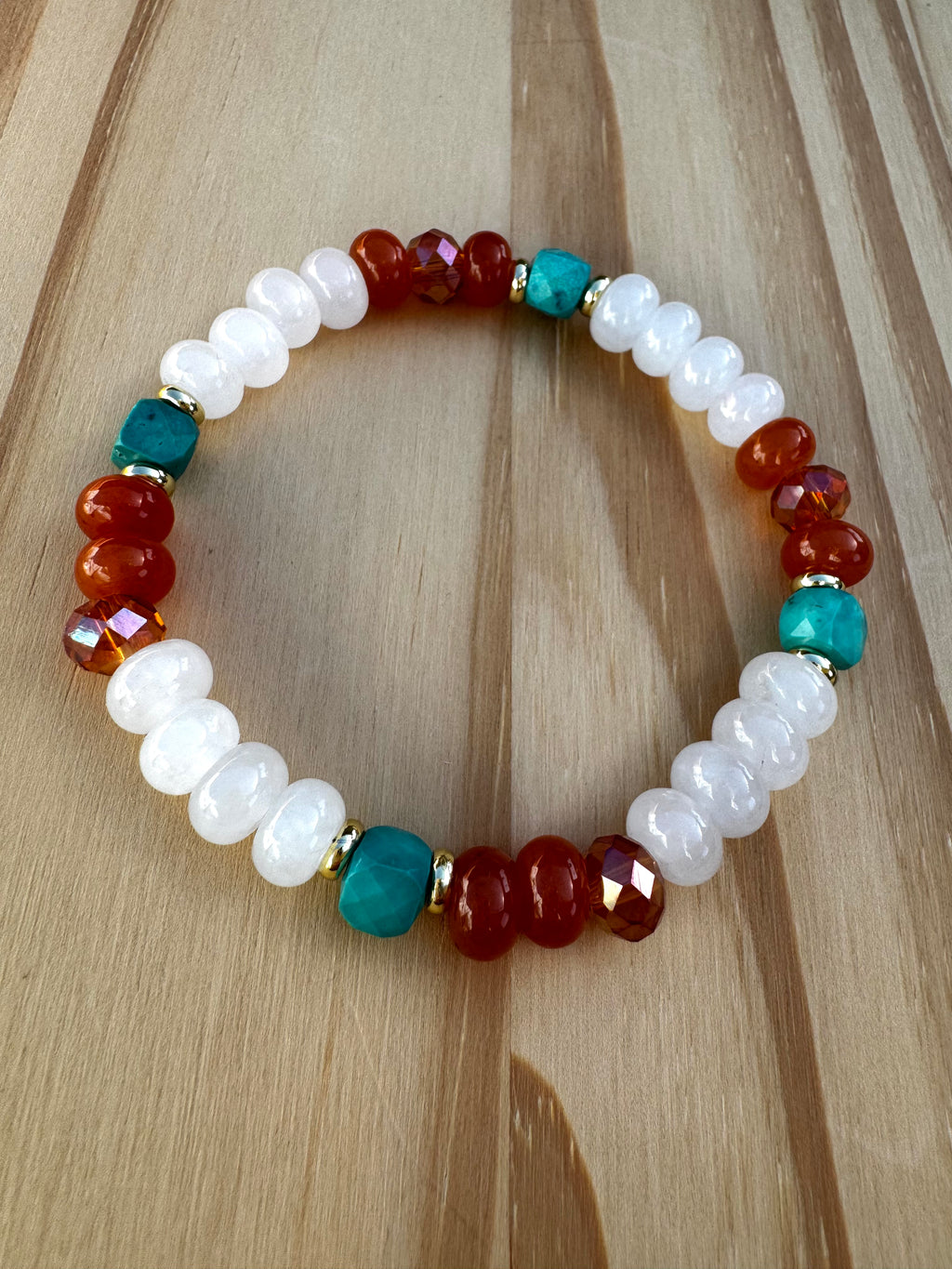 Surfer Style Beach Vibe Stretch Bracelet with White Orange and Turquoise ~ 7"