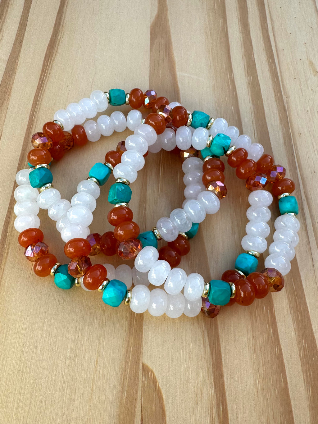 Surfer Style Beach Vibe Stretch Bracelet with White Orange and Turquoise ~ 7"