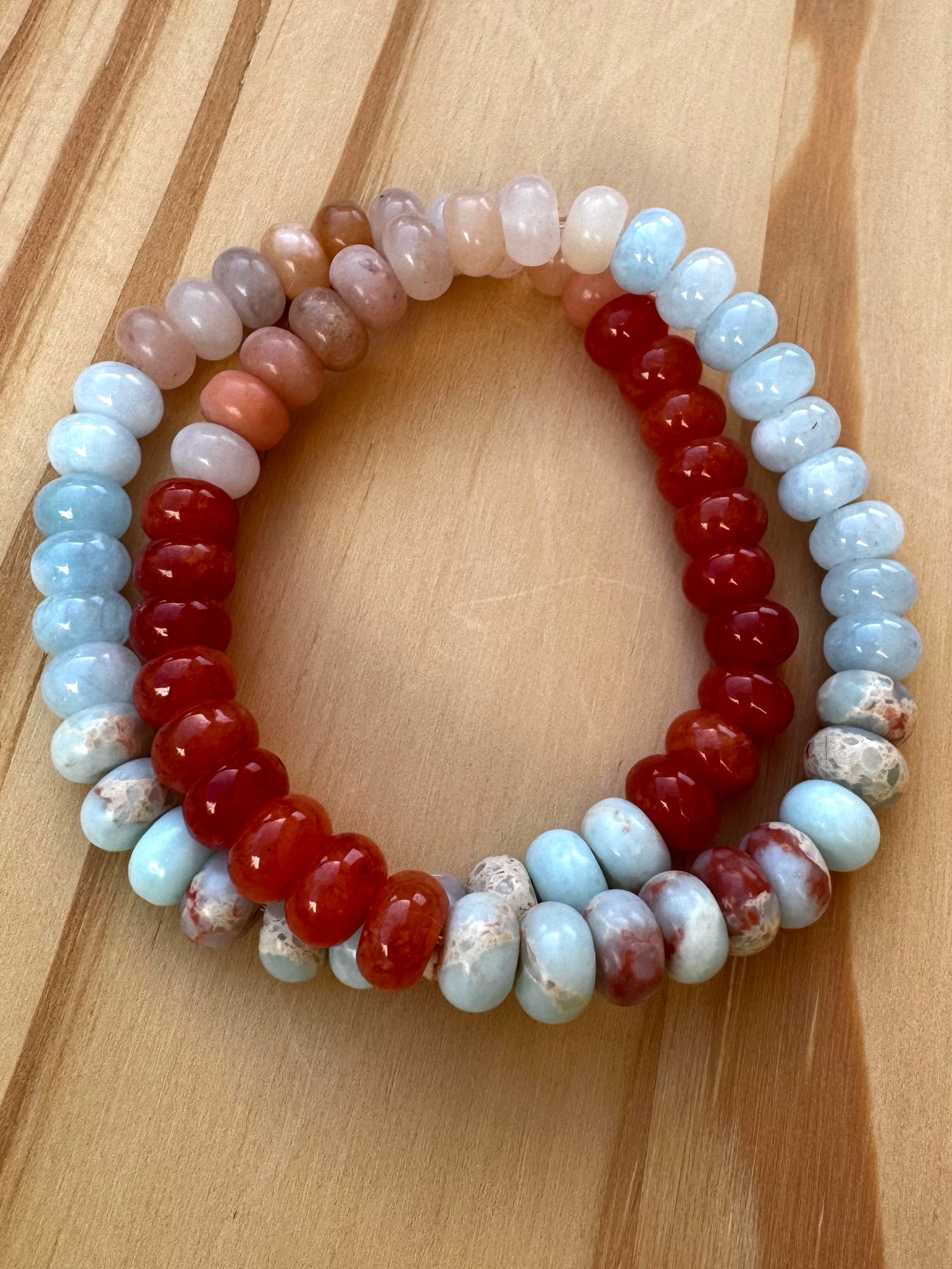 Surfer Style Beach Vibe Stretch Bracelet with Multi-Colored Gemstone Beads in Shades of Orange and Blue ~ 7"