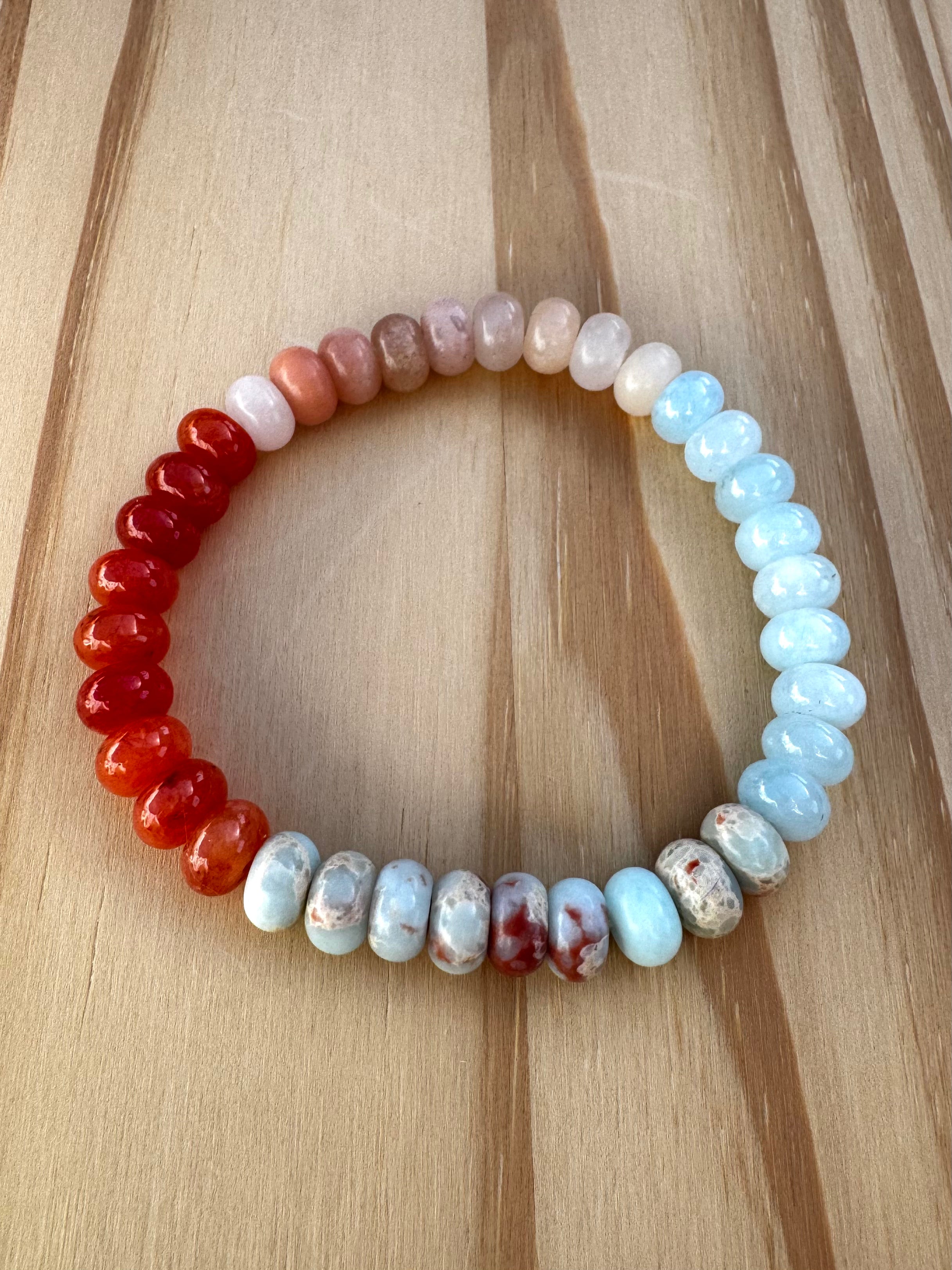 Surfer Style Beach Vibe Stretch Bracelet with Multi-Colored Gemstone Beads in Shades of Orange and Blue ~ 7"