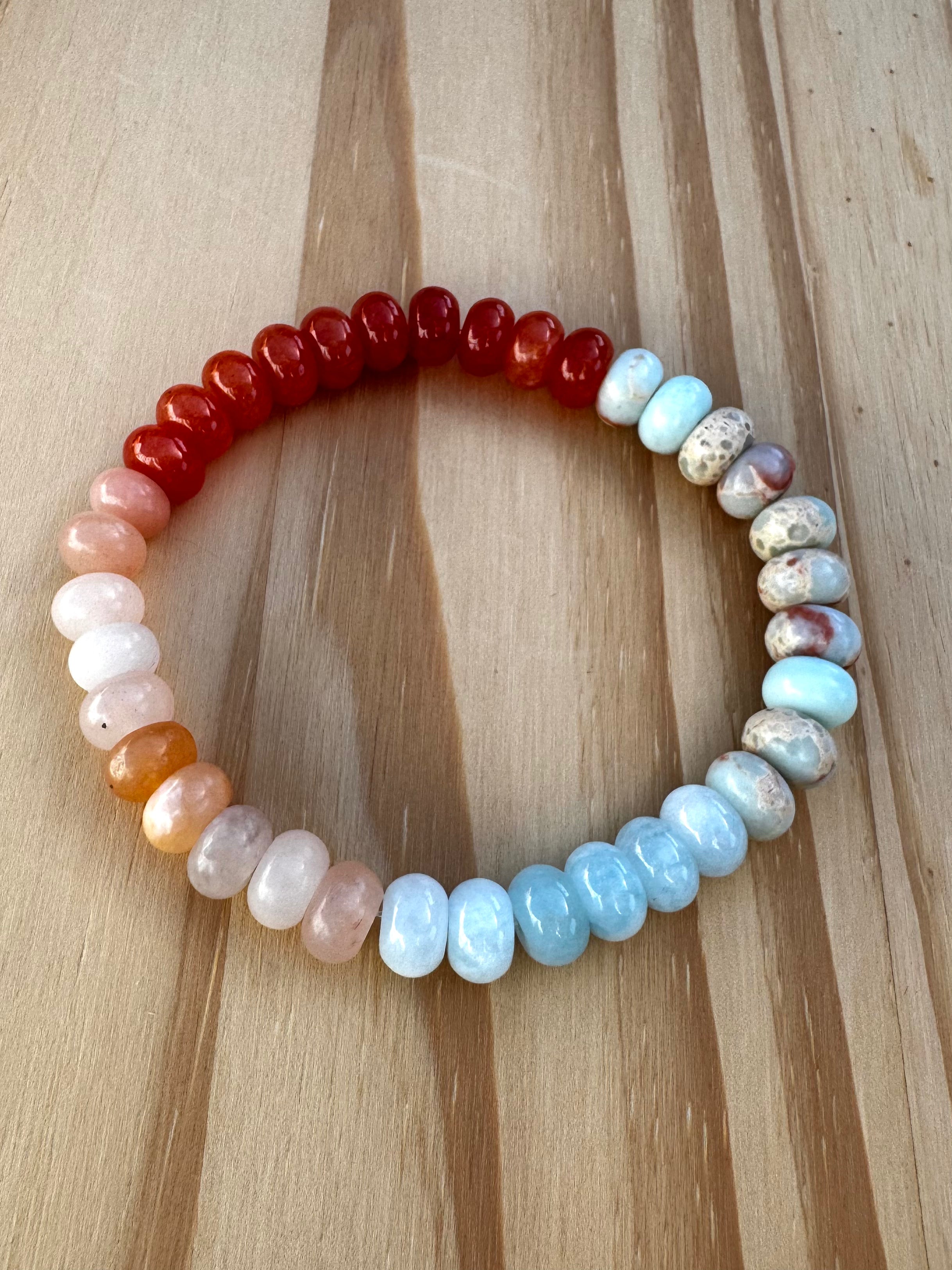 Surfer Style Beach Vibe Stretch Bracelet with Multi-Colored Gemstone Beads in Shades of Orange and Blue ~ 7"