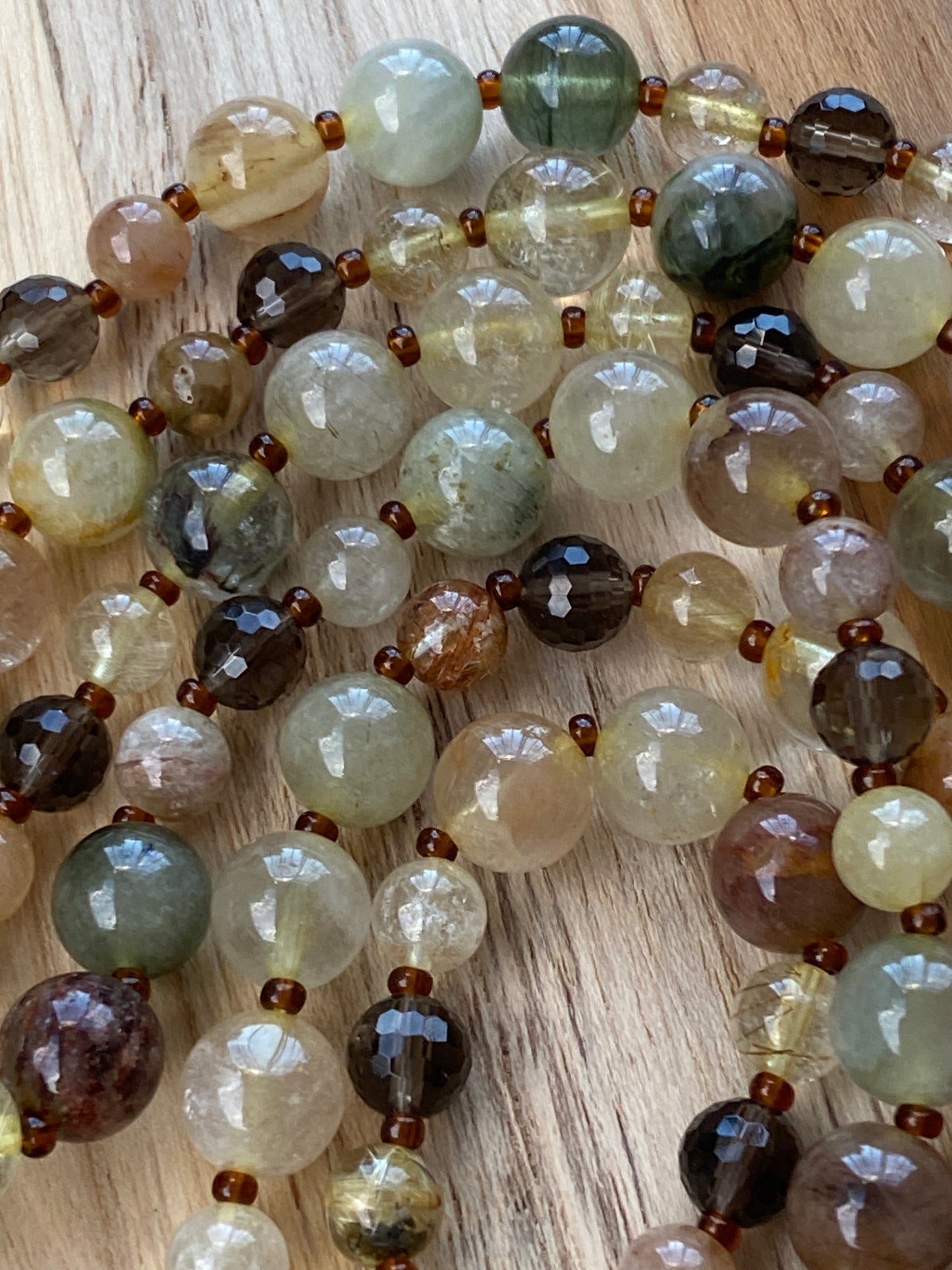 Extra Long Mixed Rutilated Quartz Beaded Necklace with Smokey Quartz Beads