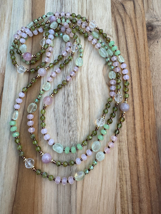 Extra Long Madagascar Rose Quartz and clear Quartz Beaded Necklace with Peridot prehnite and Crystal Beads