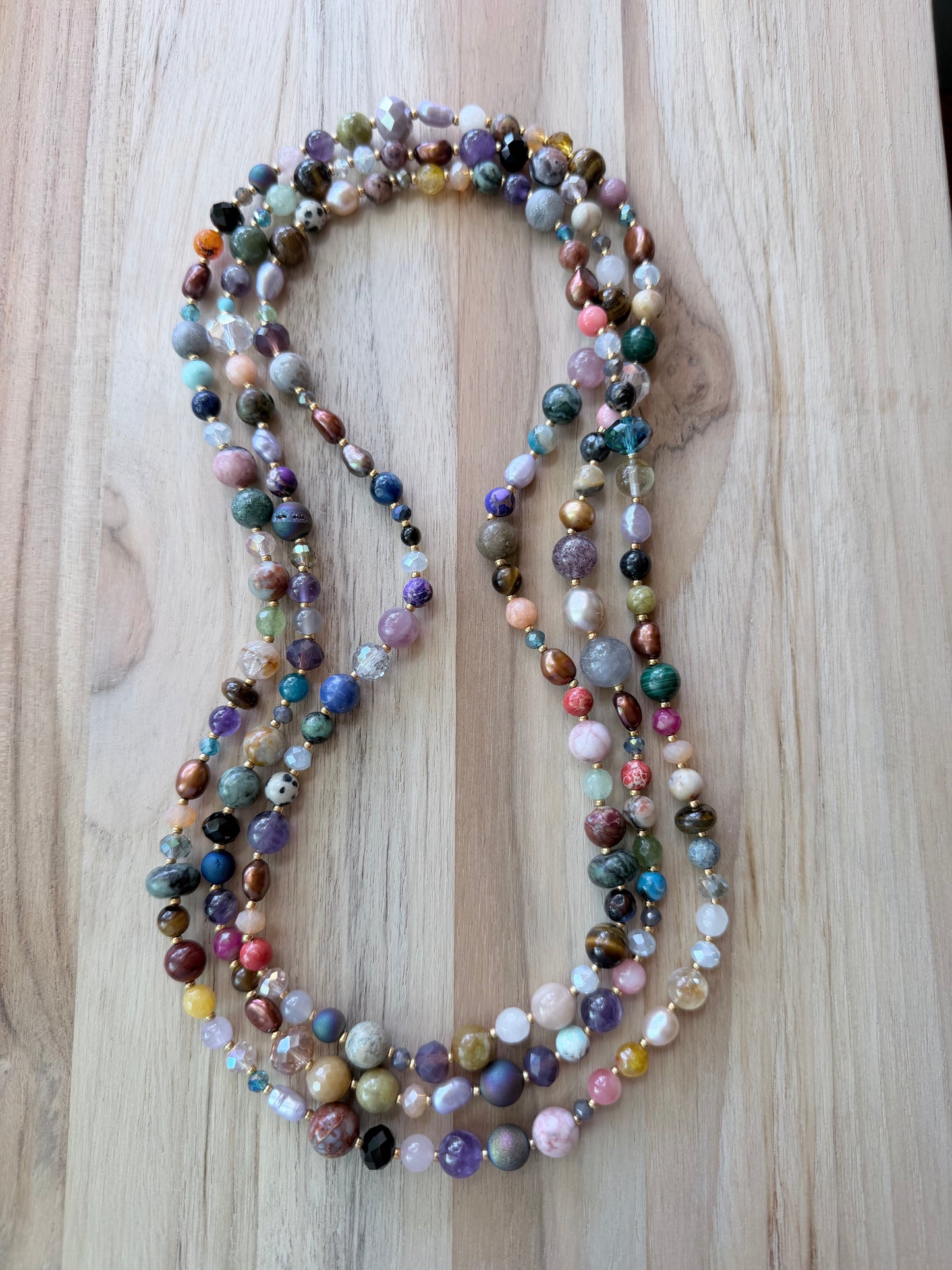60” Extra Long Wraparound Necklace with Multi-colored gemstones Pearls and Crystal beads