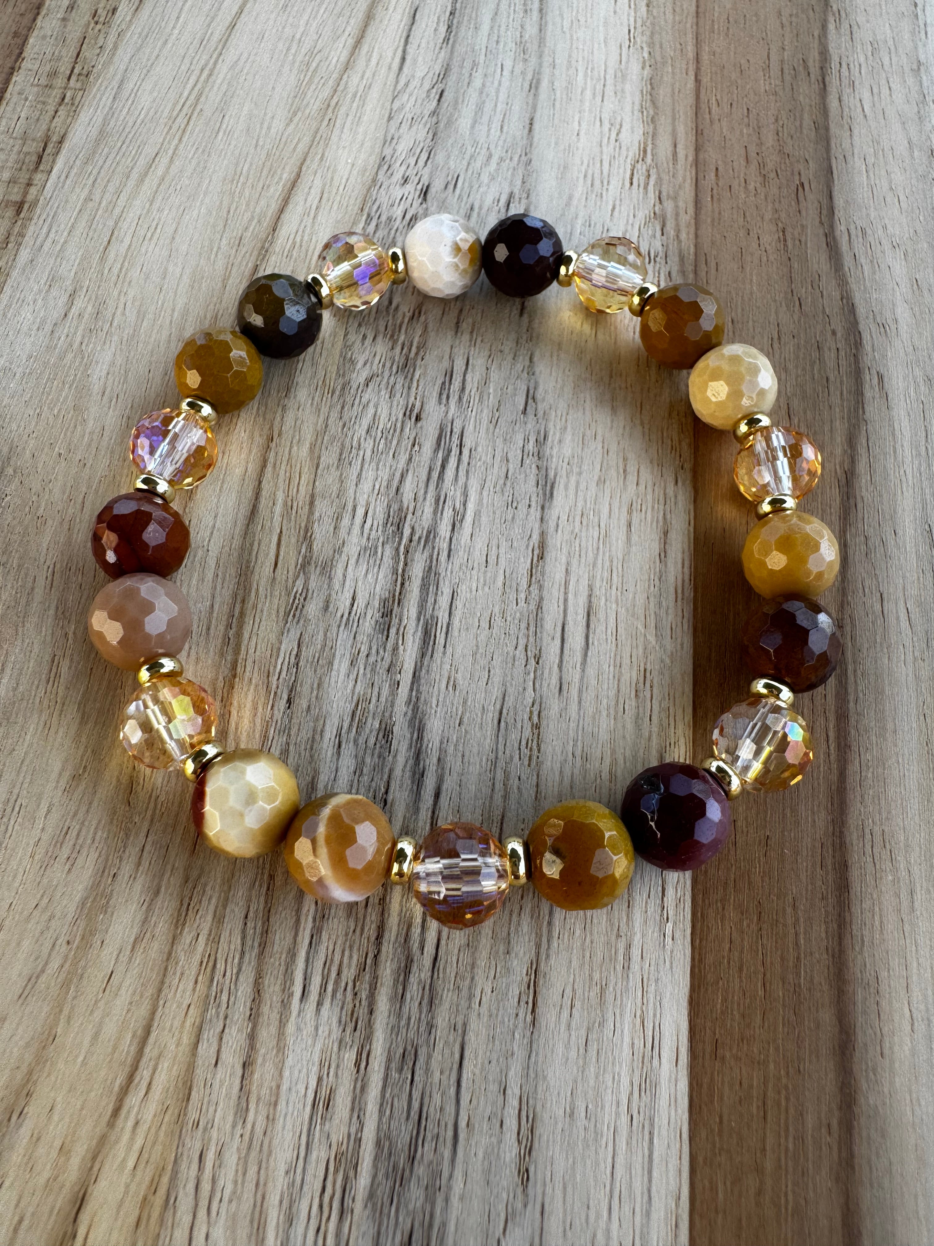 Faceted Mookaite Stretch Bracelet with Mustard Yellow Crystal Beads ~ 7”