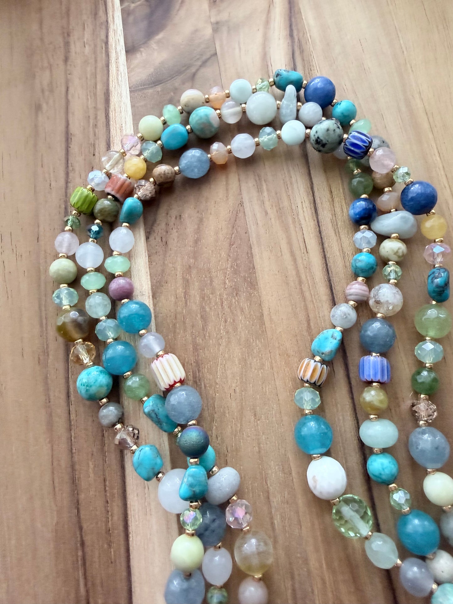 60” Extra Long Wraparound Boho Style Mixed Gemstone Glass and Crystal Beaded Necklace