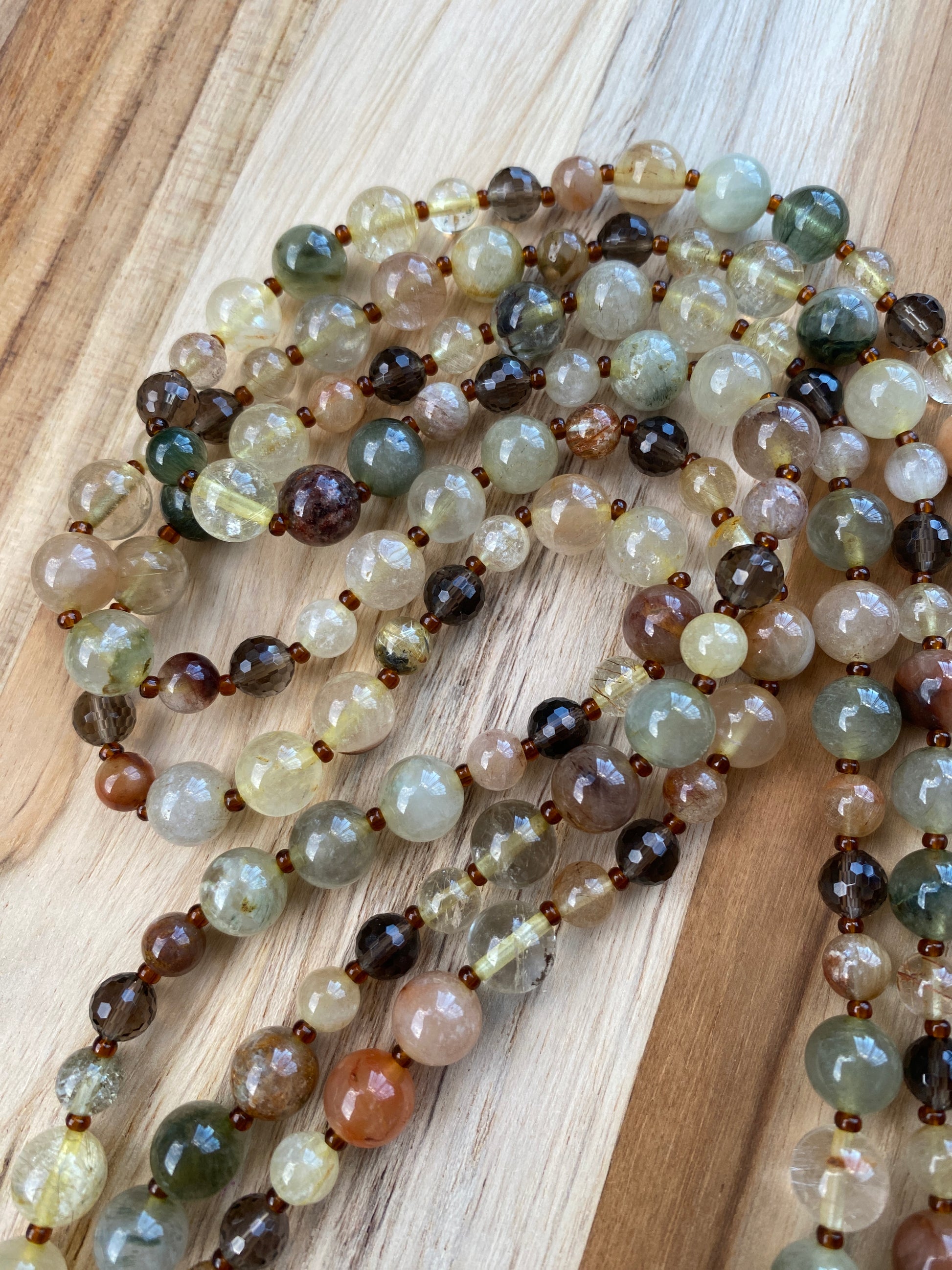 60" Extra Long Wraparound Style Mixed Rutilated Quartz Beaded Necklace with Smokey Quartz Beads - My Urban Gems