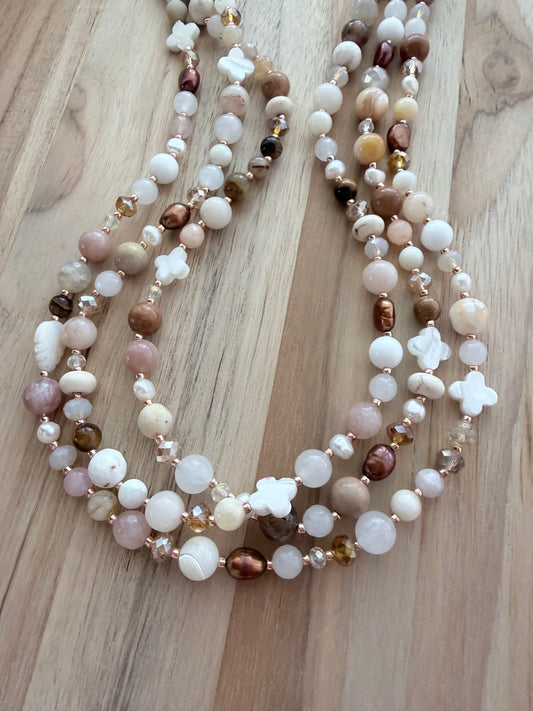 60” Extra Long Wraparound Multi-Gemstone Necklace with Pearls and Crystal Beads