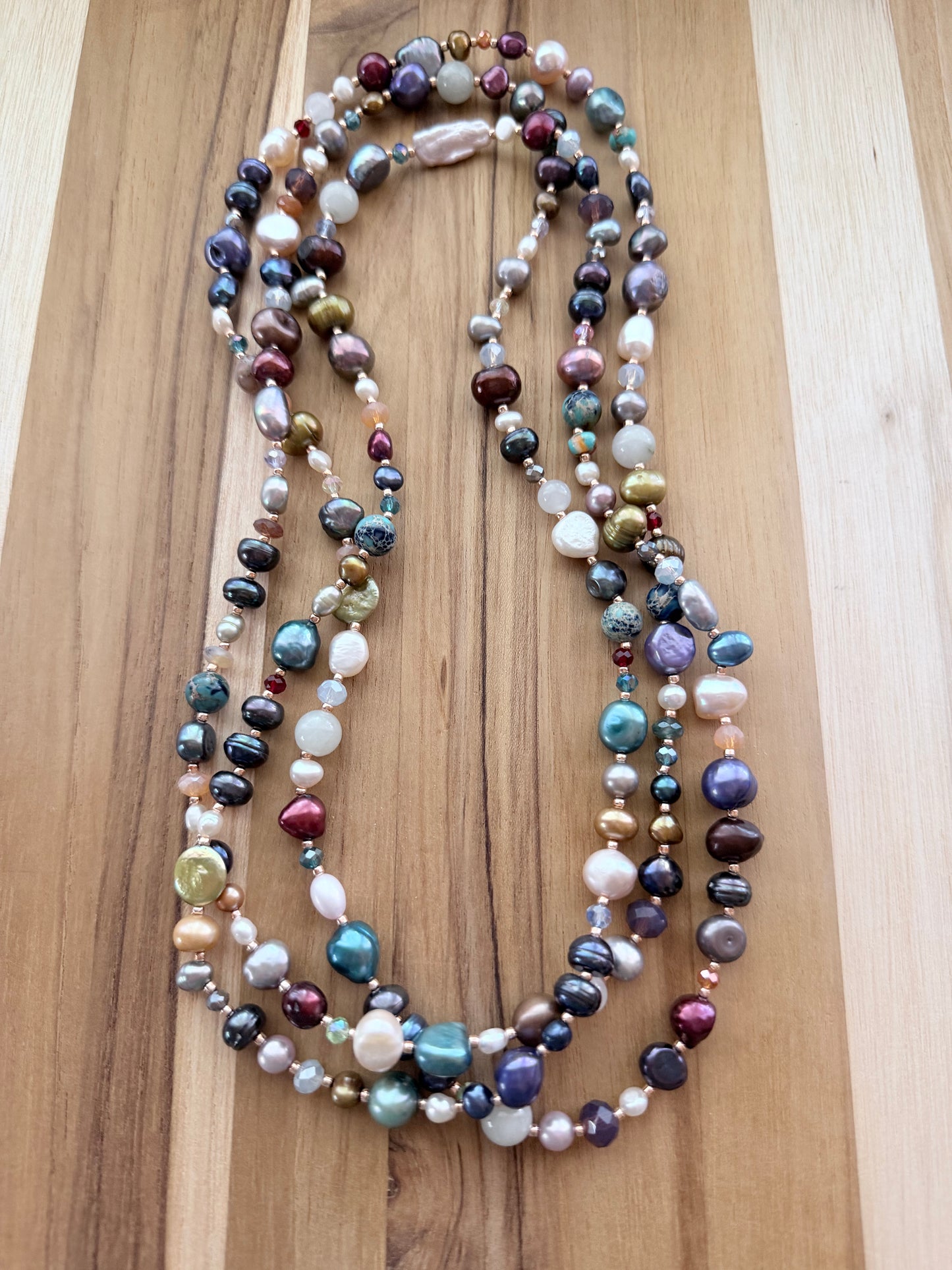 60” Extra Long Wraparound Freshwater Pearl Mix with Gemstone and Crystal Beads
