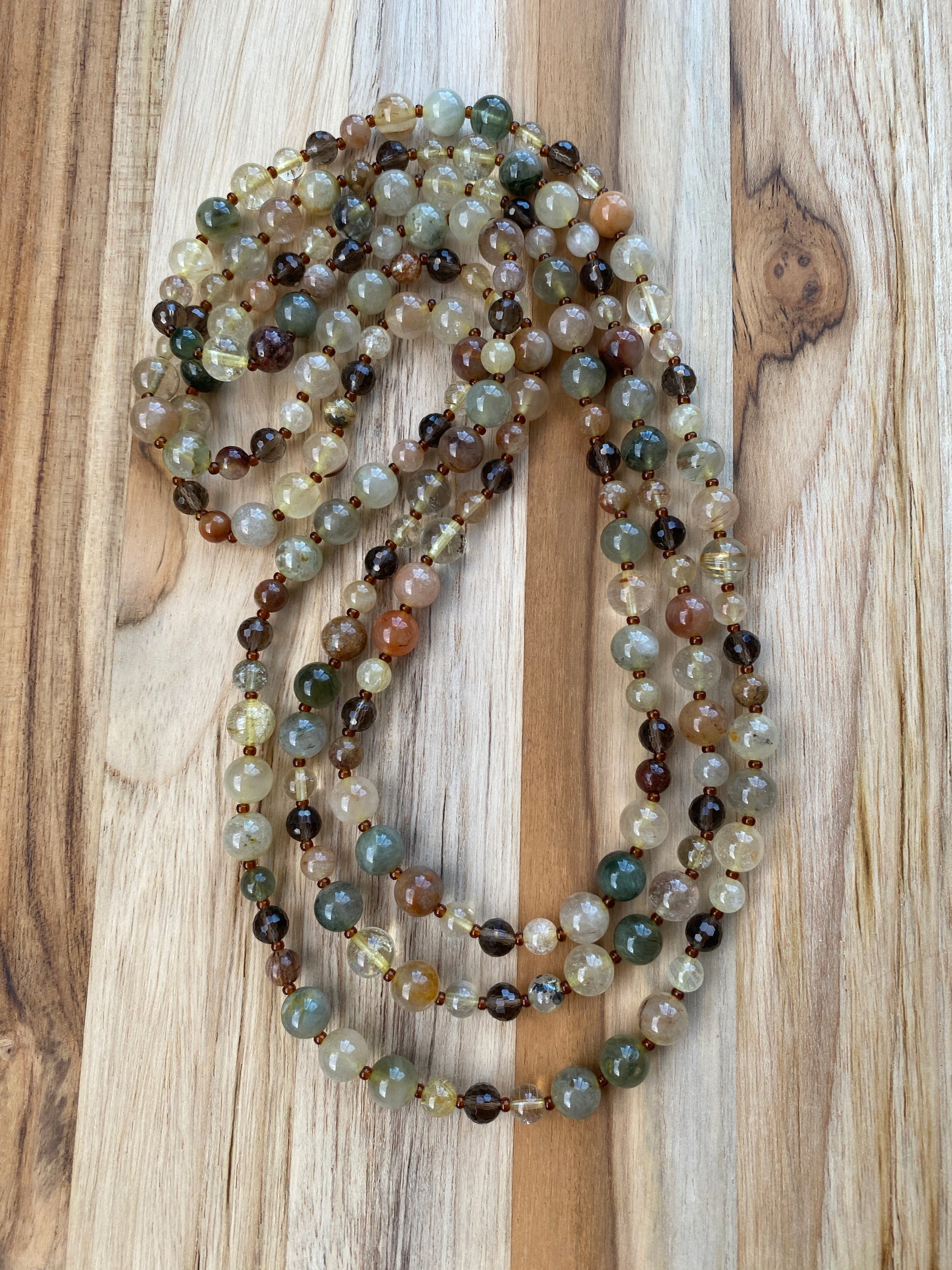 60" Extra Long Wraparound Style Mixed Rutilated Quartz Beaded Necklace with Smokey Quartz Beads - My Urban Gems