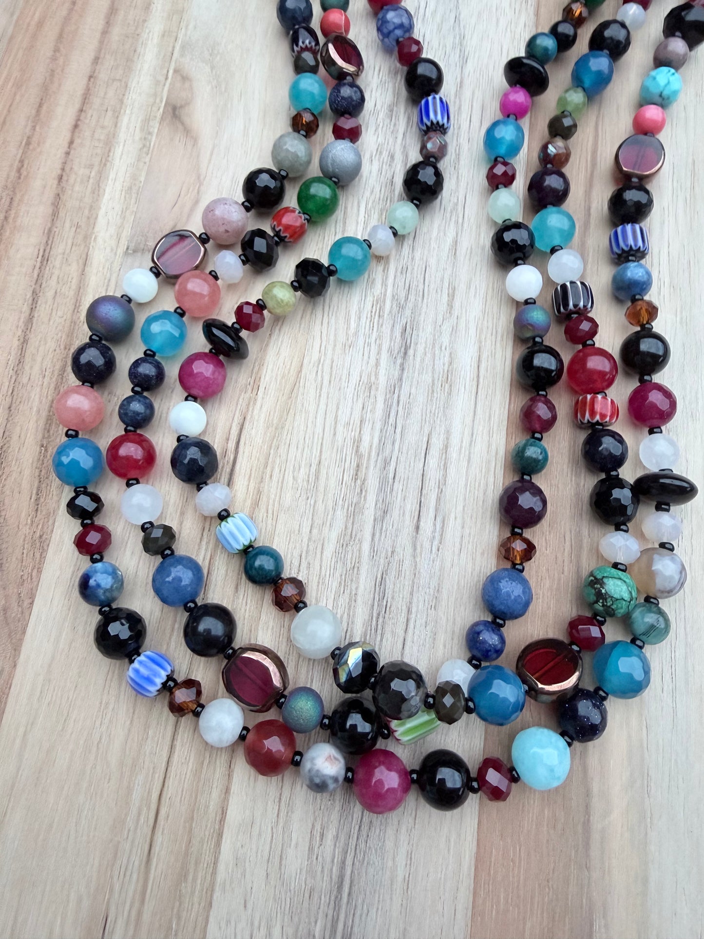 60” Extra Long Wraparound Multi Gemstone Necklace with Glass and Crystal Beads