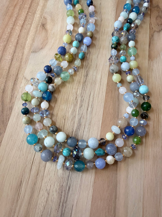 60” Extra Long Wraparound Multi Colored Gemstone Necklace with Crystal Beads