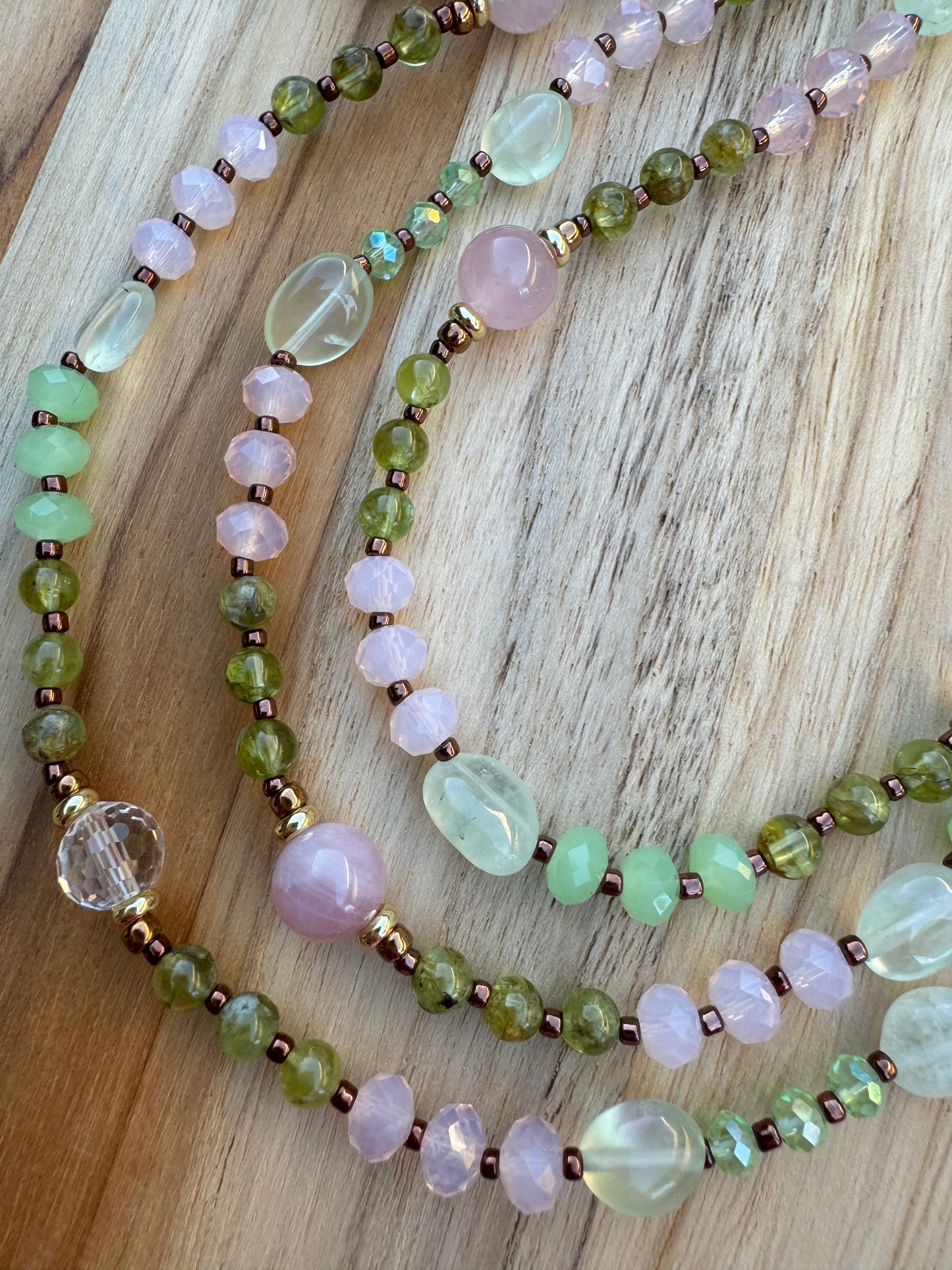 60" Extra Long Wraparound Style Madagascar Rose Quartz and clear Quartz Beaded Necklace with Peridot prehnite and Crystal Beads - My Urban Gems