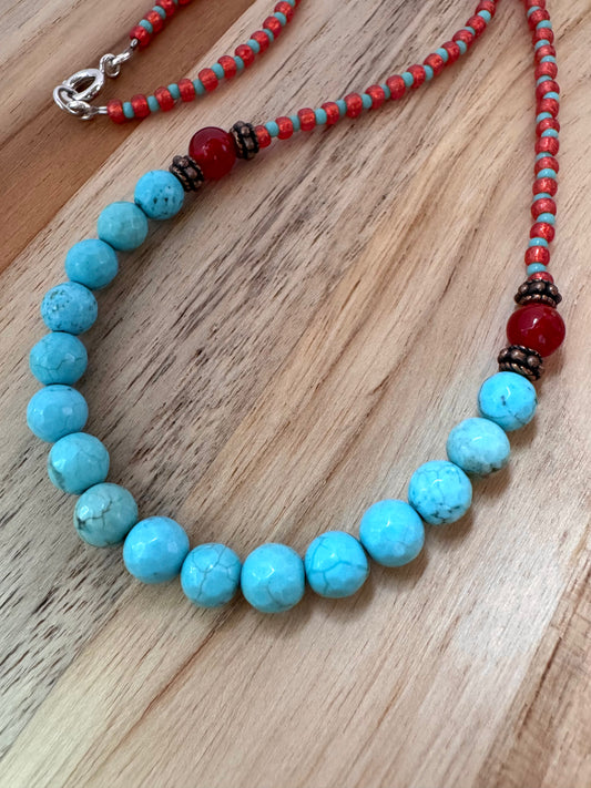 Short Turquoise and Carnelian Necklace with Seed Beads and Copper Accents