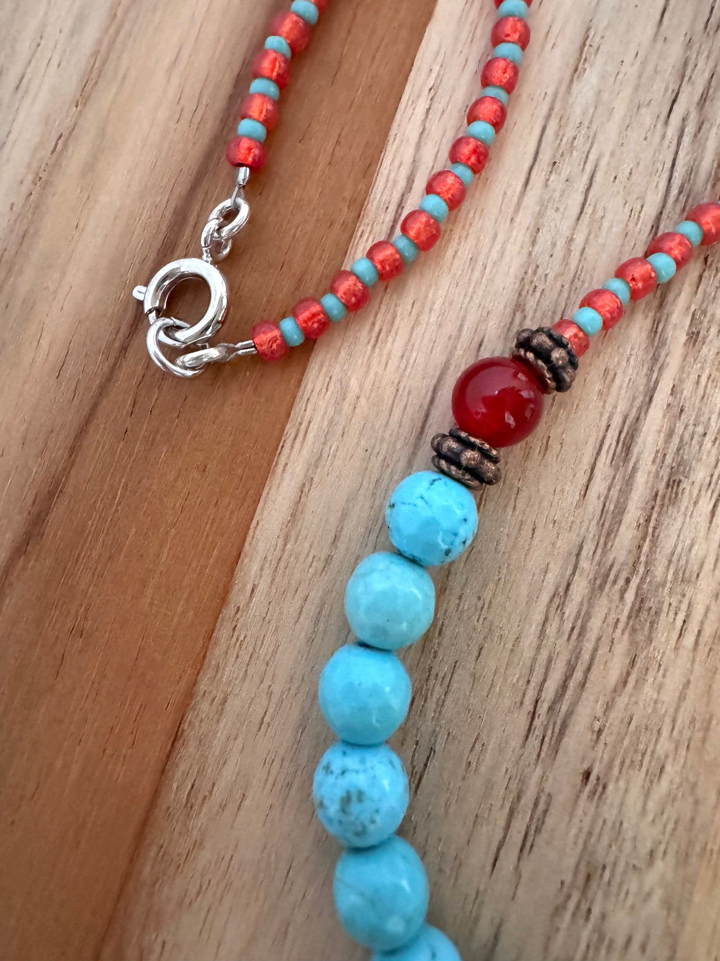 Short Turquoise and Carnelian Necklace with Seed Beads and Copper Accents