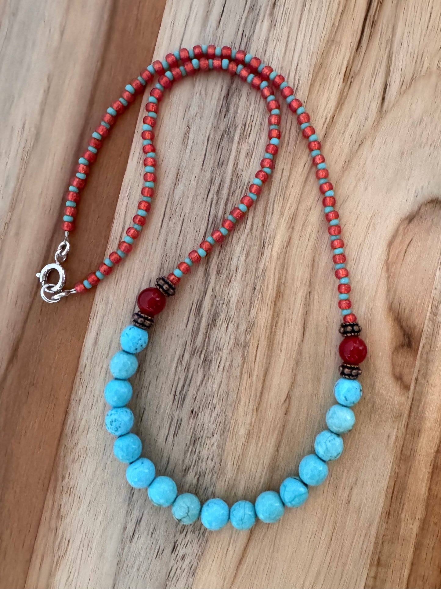 Short Turquoise and Carnelian Necklace with Seed Beads and Copper Accents