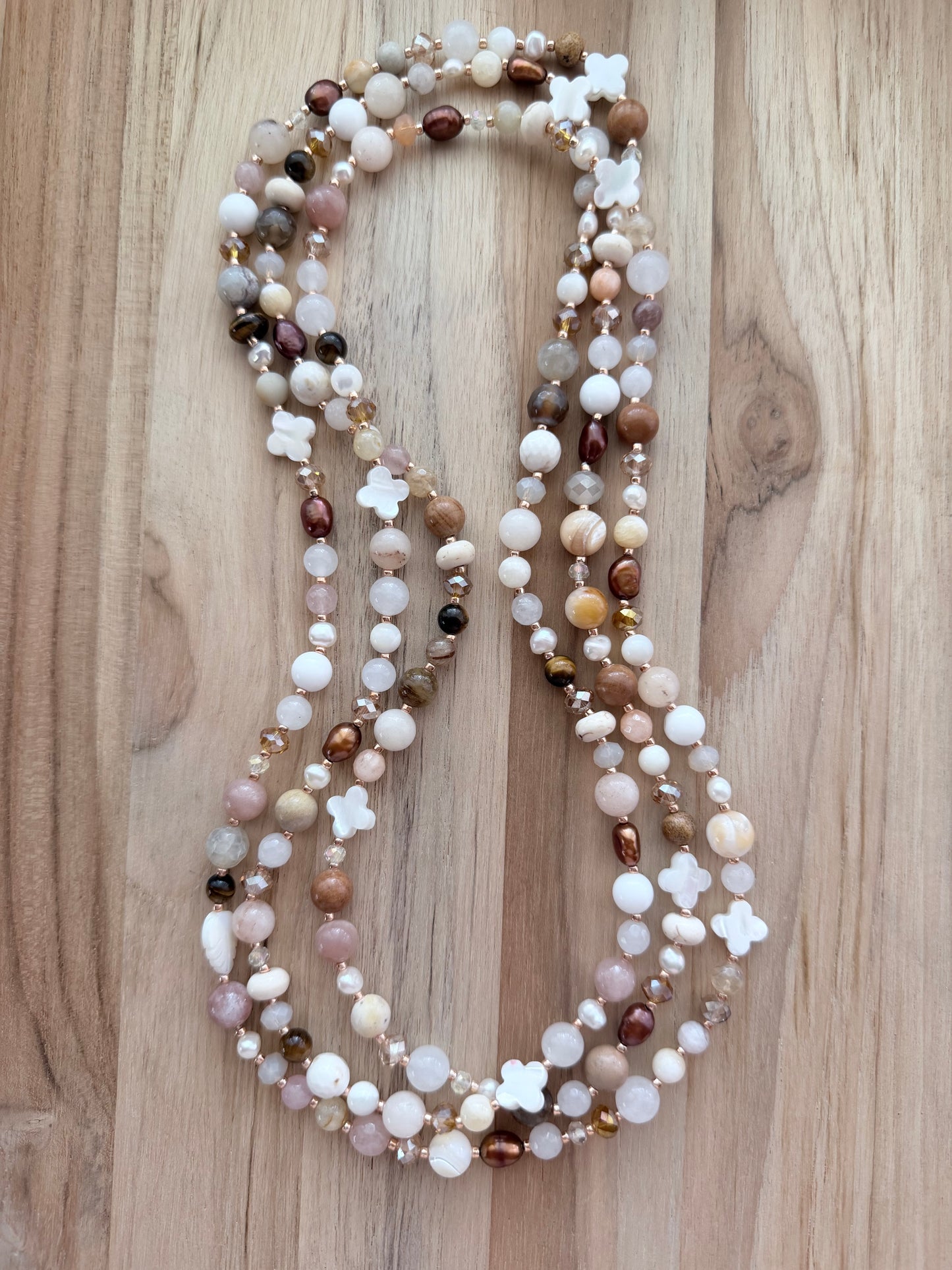 60” Extra Long Wraparound Multi-Gemstone Necklace with Pearls and Crystal Beads