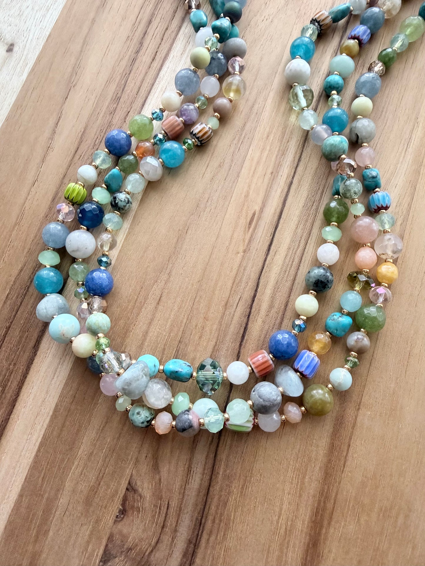 60” Extra Long Wraparound Boho Style Mixed Gemstone Glass and Crystal Beaded Necklace