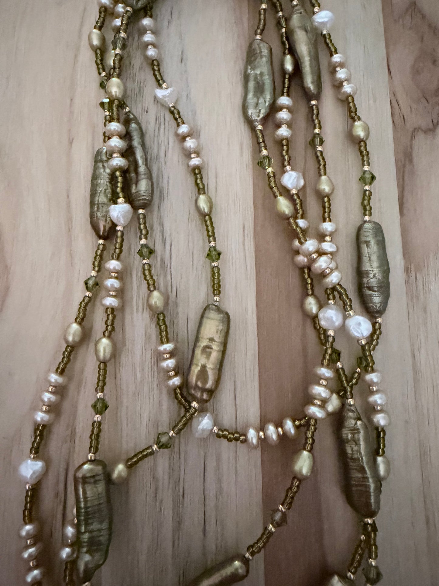 60” Extra Long Wraparound Style Olive Green Biwa Pearl Necklace with Freshwater Pearl Mix